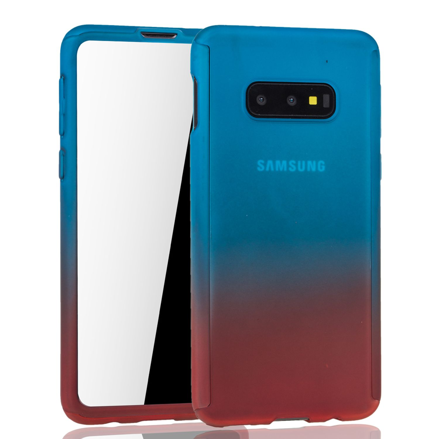 Blau-rot verlaufende Handyhülle. Der Bildschirm des Telefons ist sichtbar. Weißer Hintergrund. Samsung Logo sichtbar.