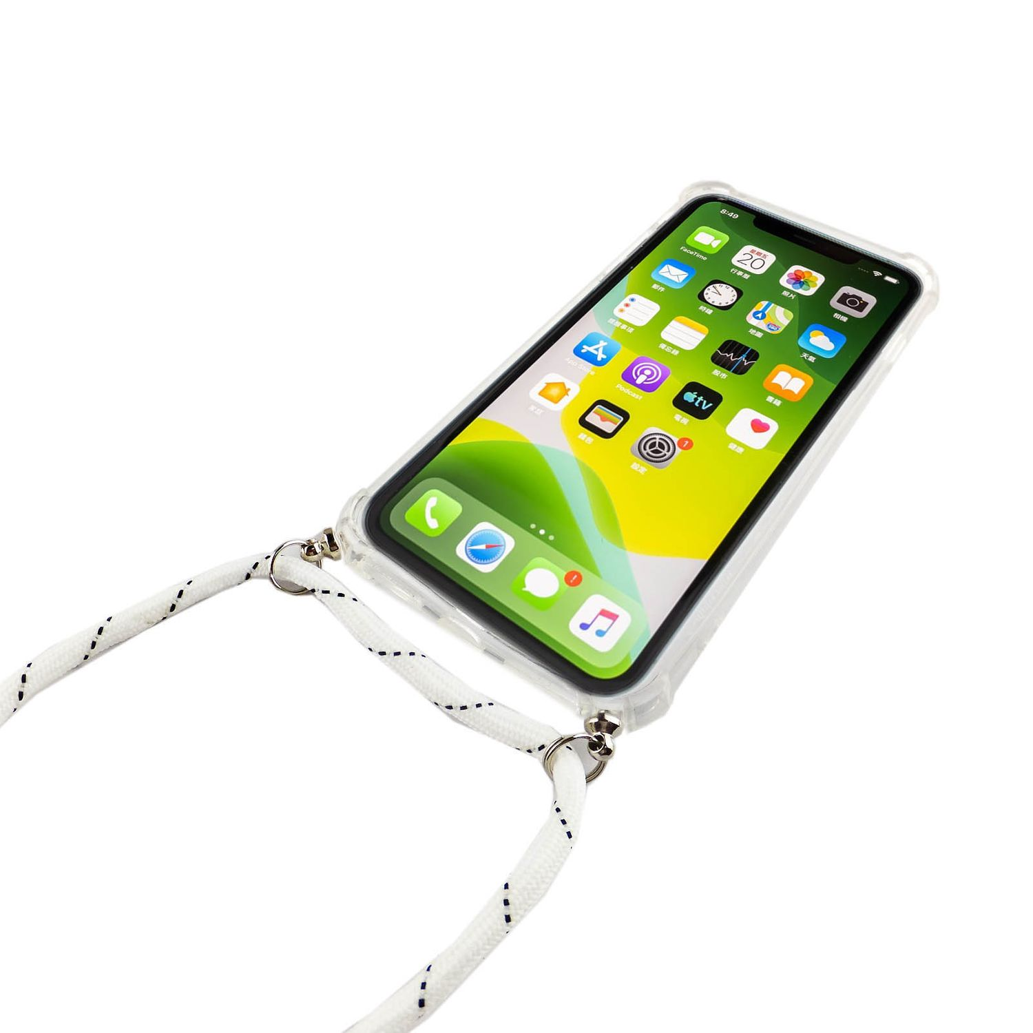Telefon mit eingeschaltetem Bildschirm und durchsichtiger Hülle. Das Telefon hat ein weißes Kabel.