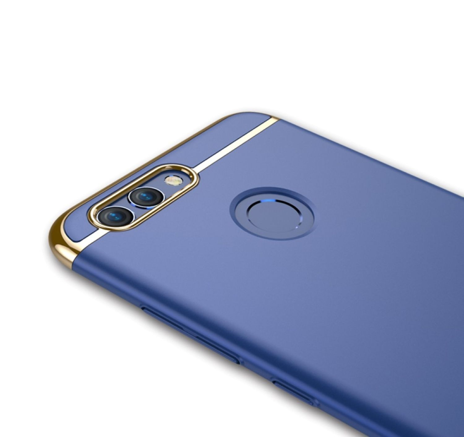 Blaue Handyhülle. Goldfarbener Rand. Dunkler Hintergrund. Nahaufnahme des Telefons.