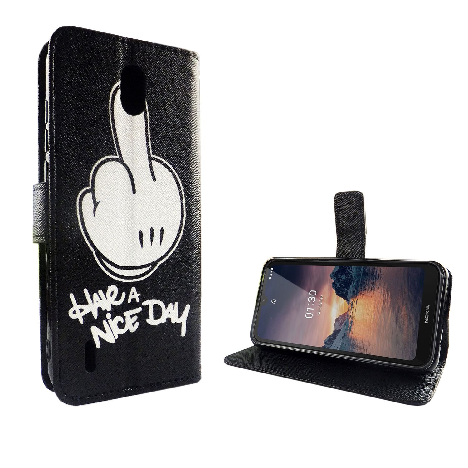 Eine schwarze Handyhülle mit einer weißen Handgeste und dem Text: Have a Nice Day. Ein Telefon ist sichtbar.