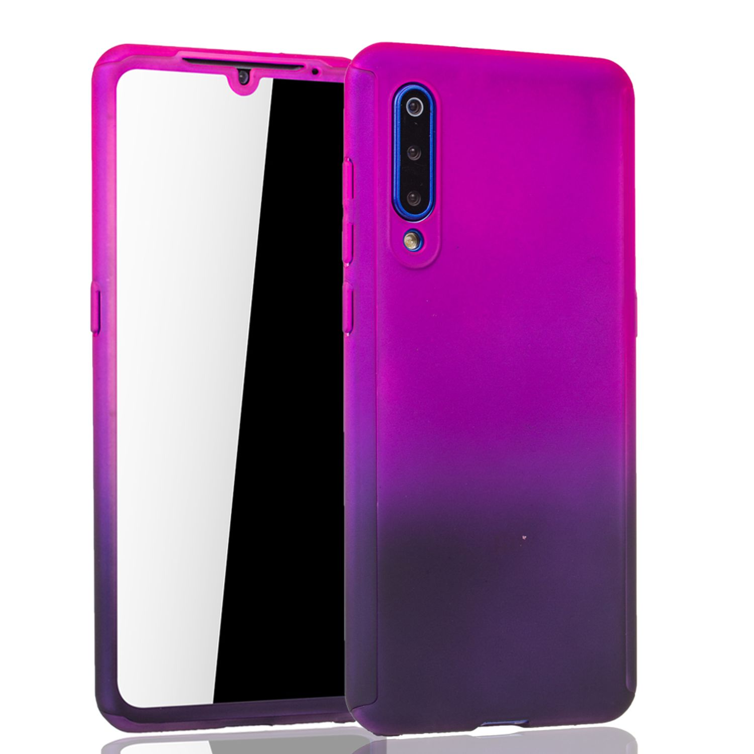 Lila Handyhülle mit schwarzem Telefon innen. Weißer Hintergrund.
