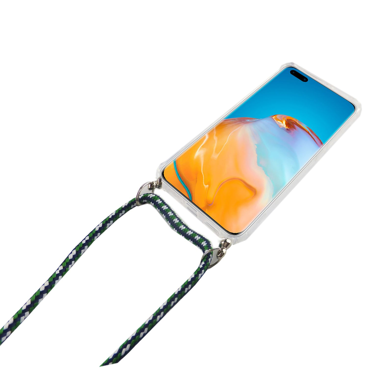 Telefon mit Lanyard, transparente Hülle. Grün-weißes Lanyard. Weißer Hintergrund.