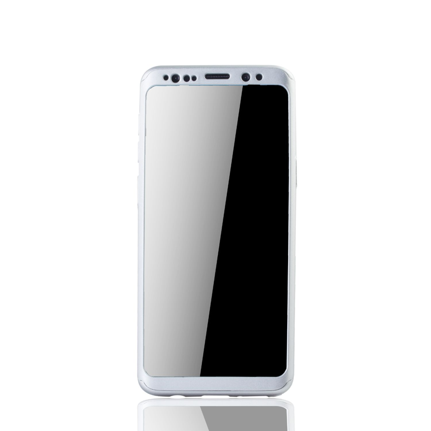 Telefon in silbernem Rahmen, weißer Bildschirm, auf der Oberfläche reflektiert. Weißer Hintergrund.
