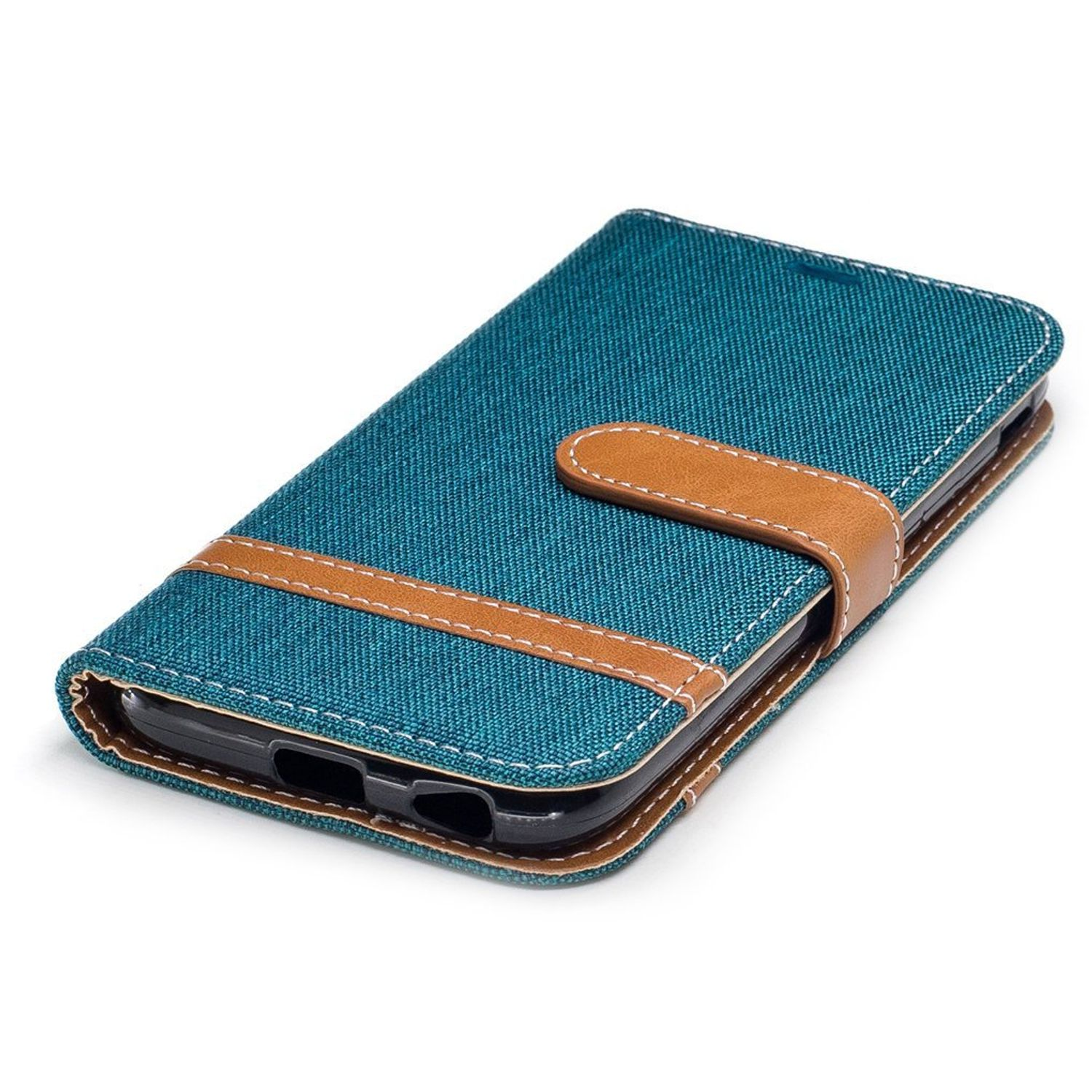 Blau-braune Handyhülle mit Riemen und Steppnähten.