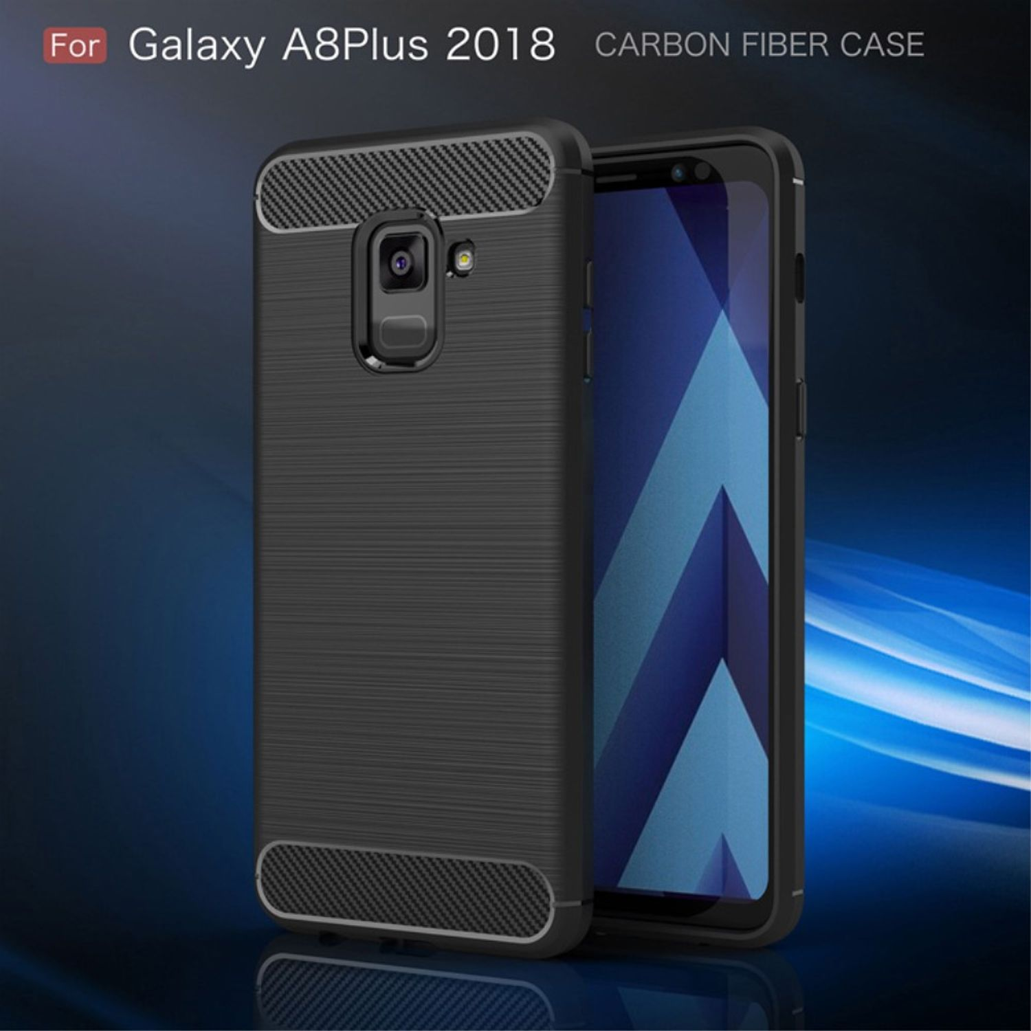 Schwarze Handyhülle mit Carbonfaser-Design, schützt ein Telefon mit blauem Bildschirm.
