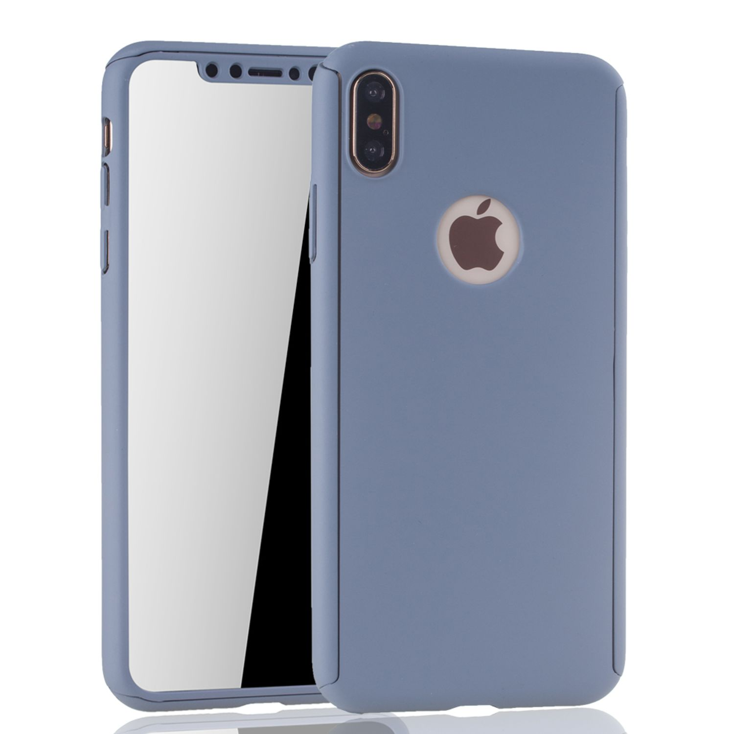 Zwei Handyhüllen. Eine zeigt den Bildschirm des Telefons, die andere hat ein Apple-Logo. Beide sind blau.