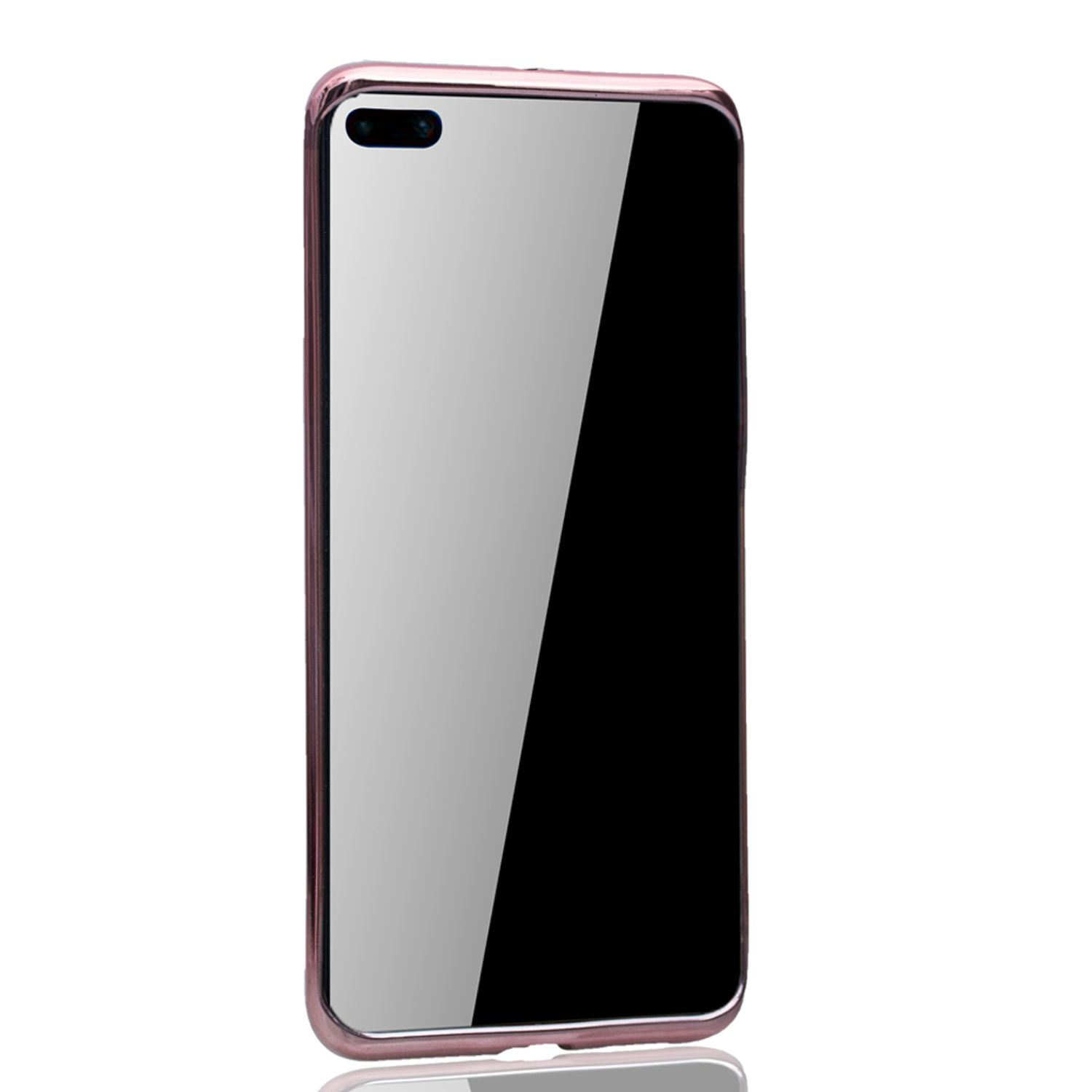 Handyhülle mit Spiegelfinish. Rosa Einfassung, schwarzer Spiegelbildschirm. Weißer Hintergrund.