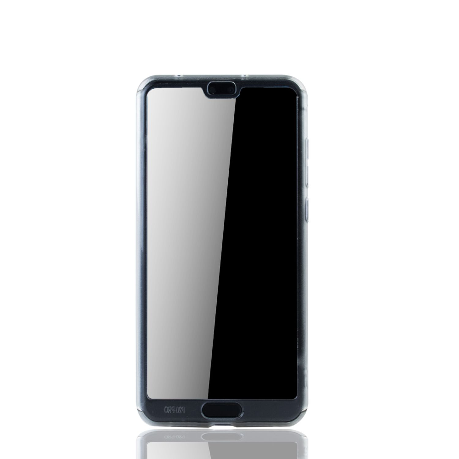Ein Telefon mit Displayschutz auf Weiß. Der Bildschirm ist sichtbar.