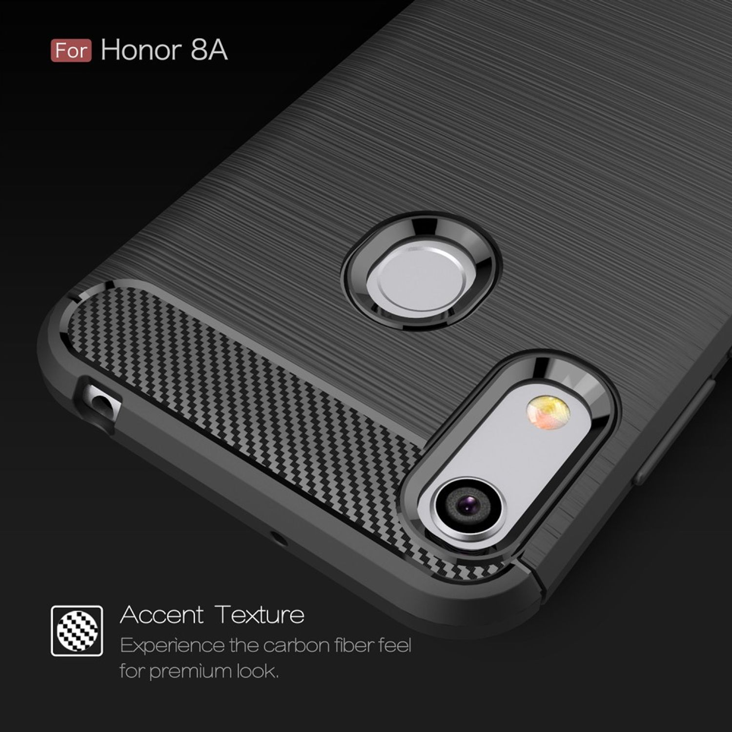 Schwarze Handyhülle für Honor 8A, strukturiert mit Carbonfaser-Akzenten. Hintergrund ist schwarz, zeigt Premium-Look.
