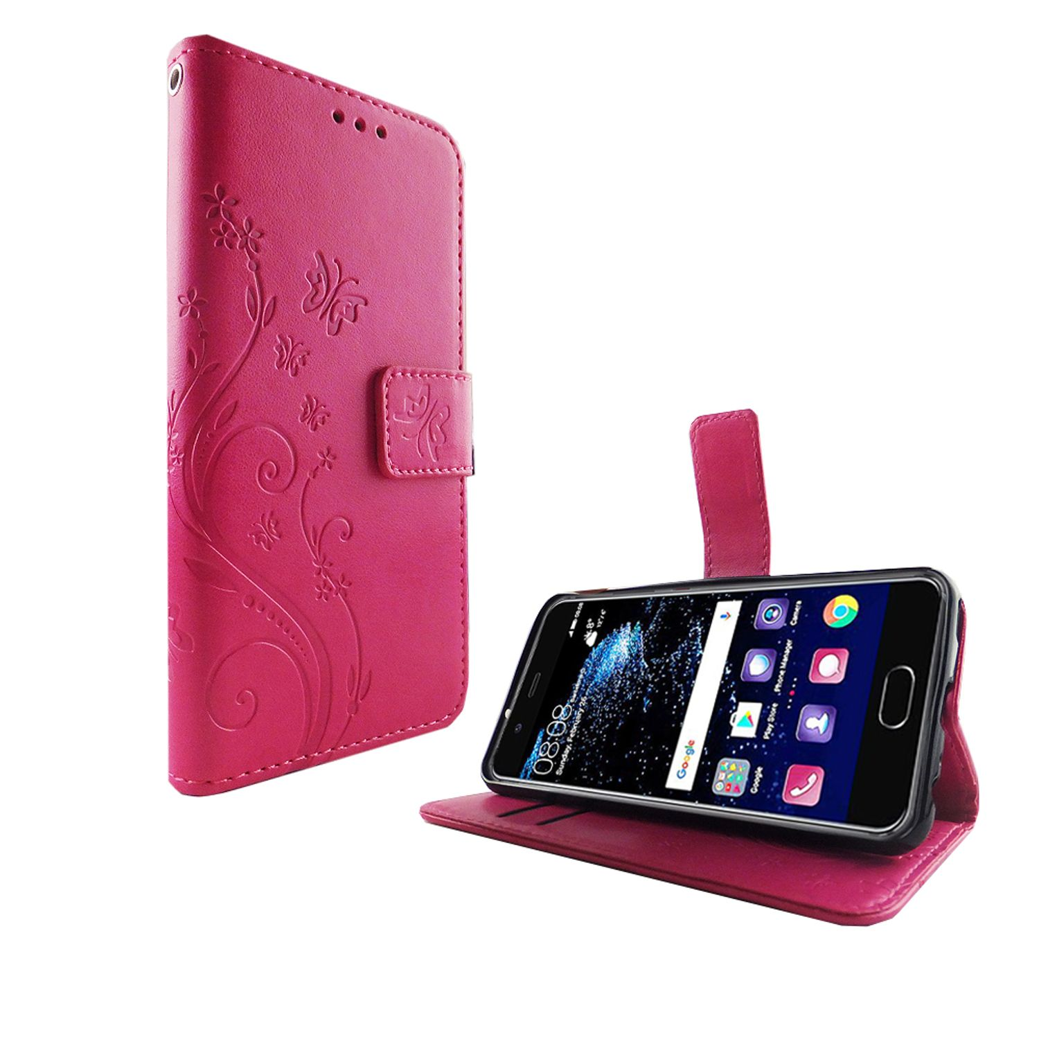 Rosa Handyhülle offen, Telefon angezeigt. Rosa Abdeckung, Blumendesign. Weißer Hintergrund.