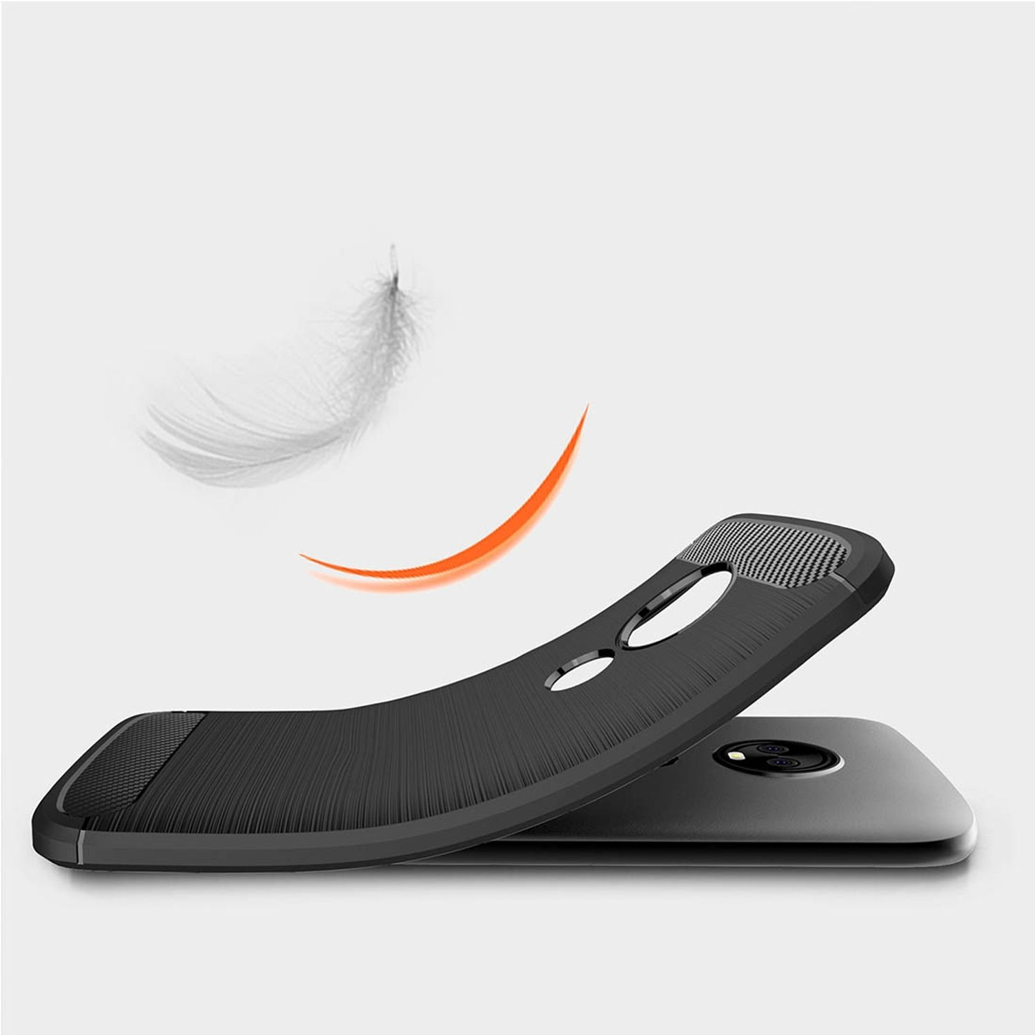 Eine Handyhülle mit einem Telefon. Die Hülle ist schwarz und das Telefon grau. Eine Feder ist darüber.