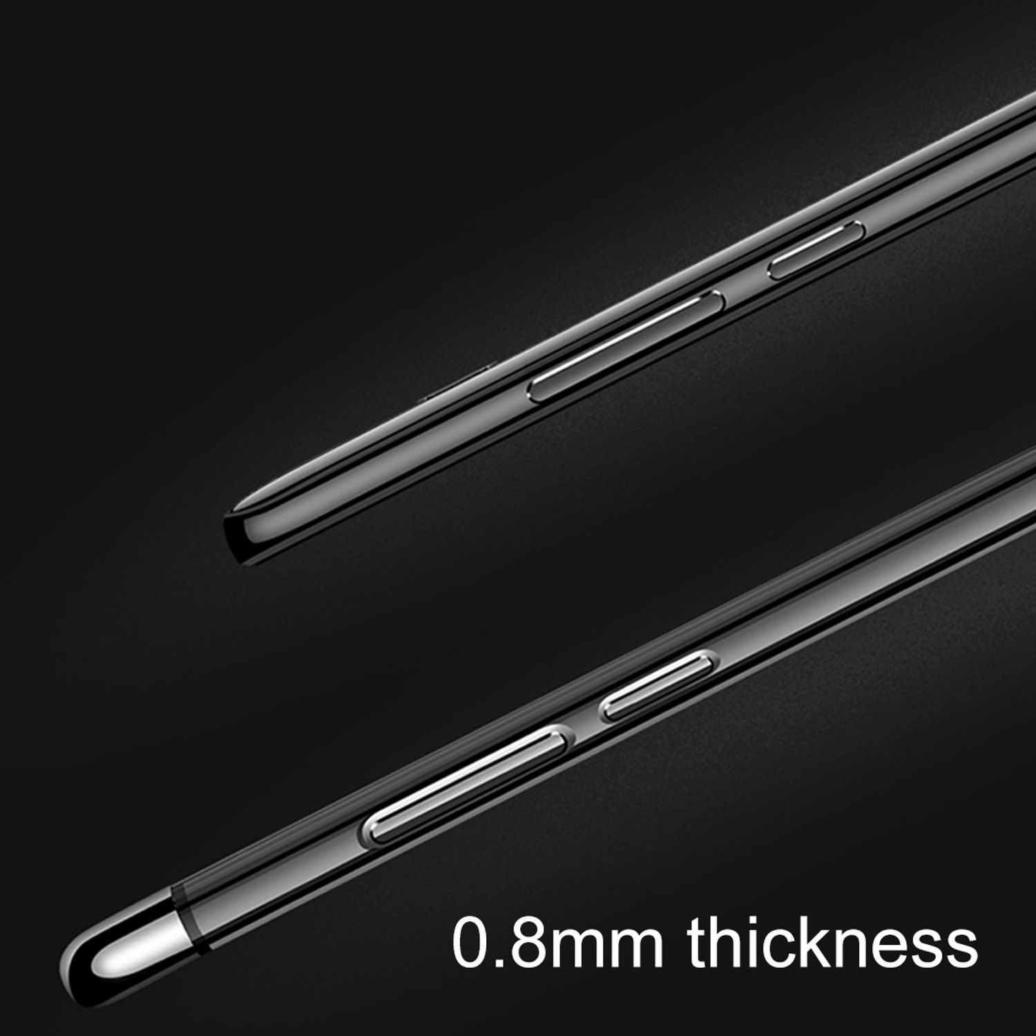 Nahaufnahme einer Telefonkante mit Knöpfen. Text: 0,8 mm Dicke.