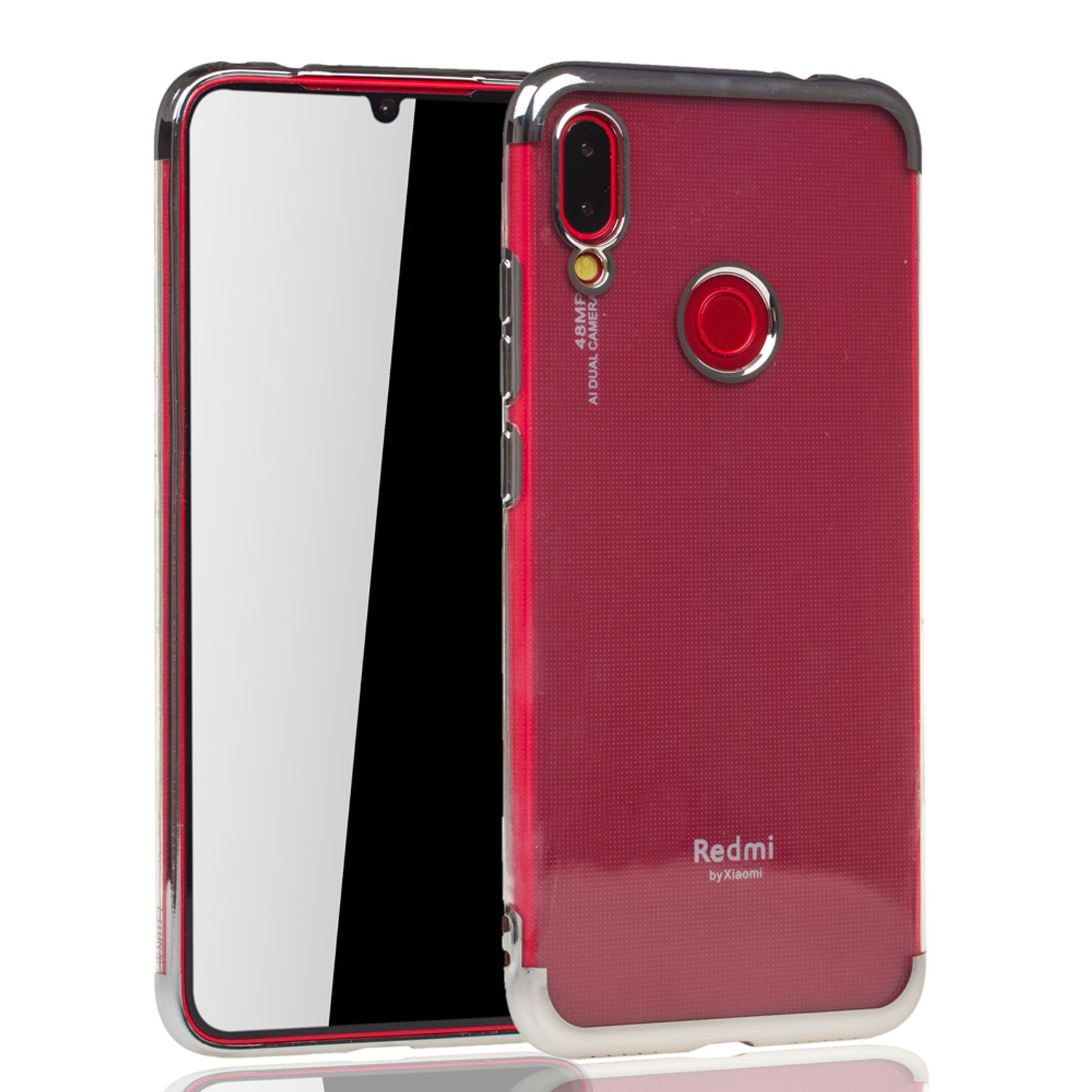 Rote Handyhülle, die ein rotes Telefon zeigt. Das Telefon hat einen roten Kamerakreis und Glasbildschirm.