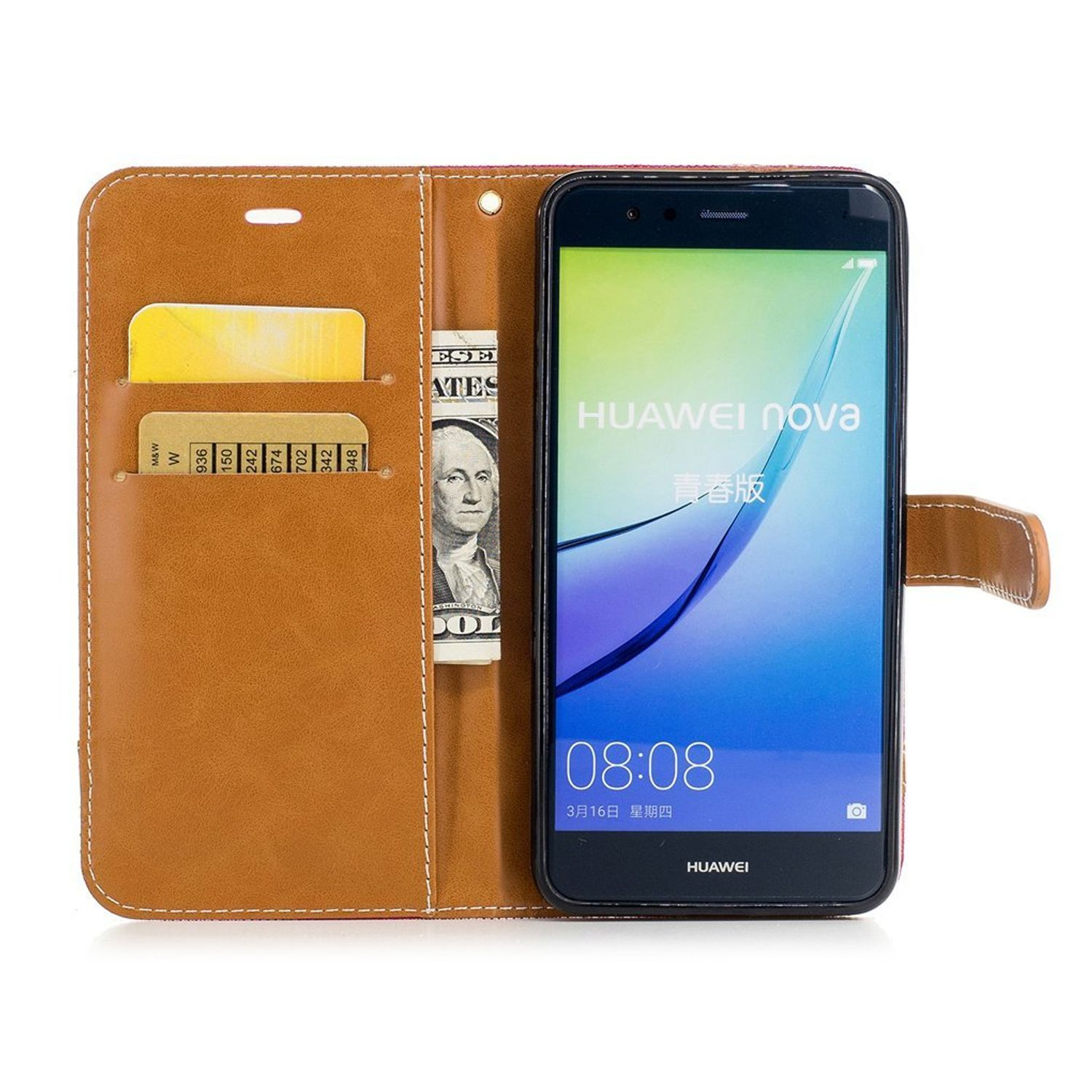 Telefon in braunem Etui, Bildschirm an. Geldschein und Karten sind sichtbar.