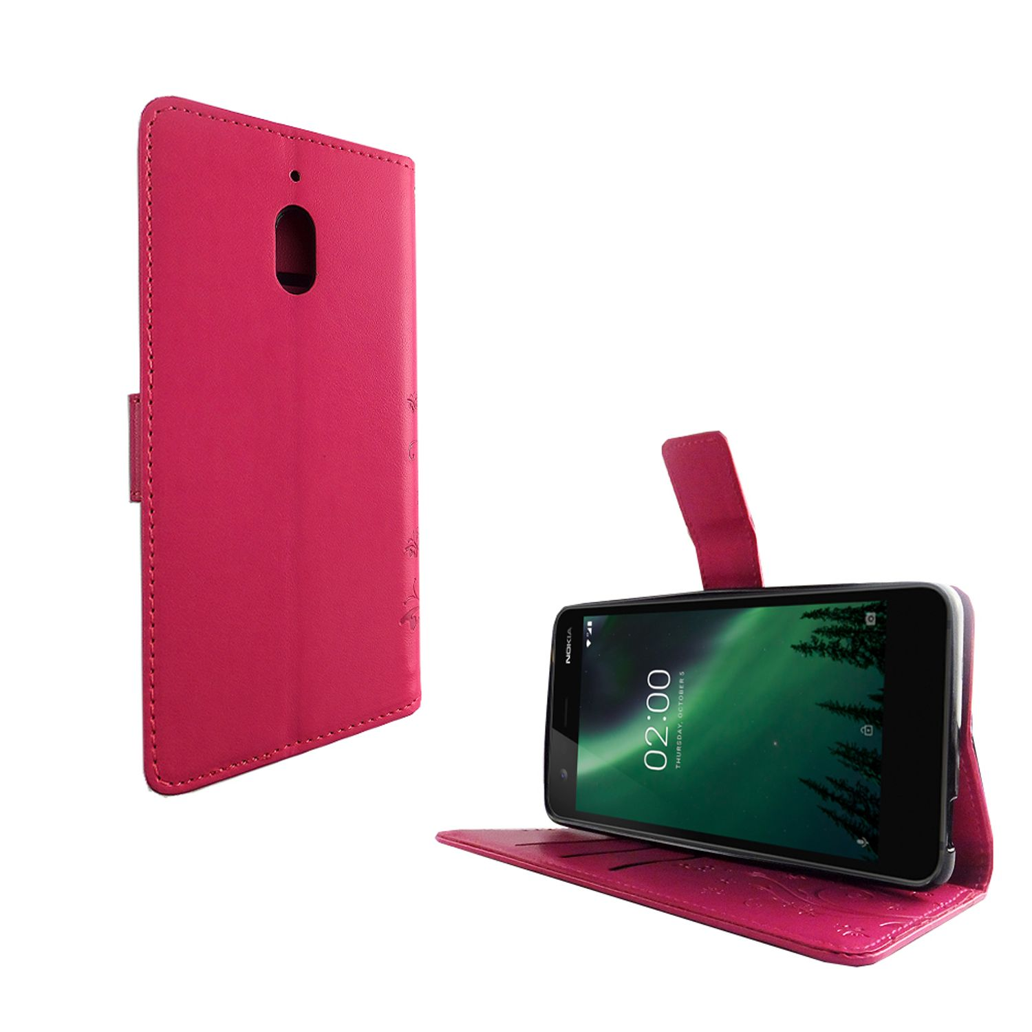 Eine rosa Handyhülle mit einem Telefon darin. Die Hülle ist offen. Das Telefon zeigt ein grünes und lila Polarlicht.