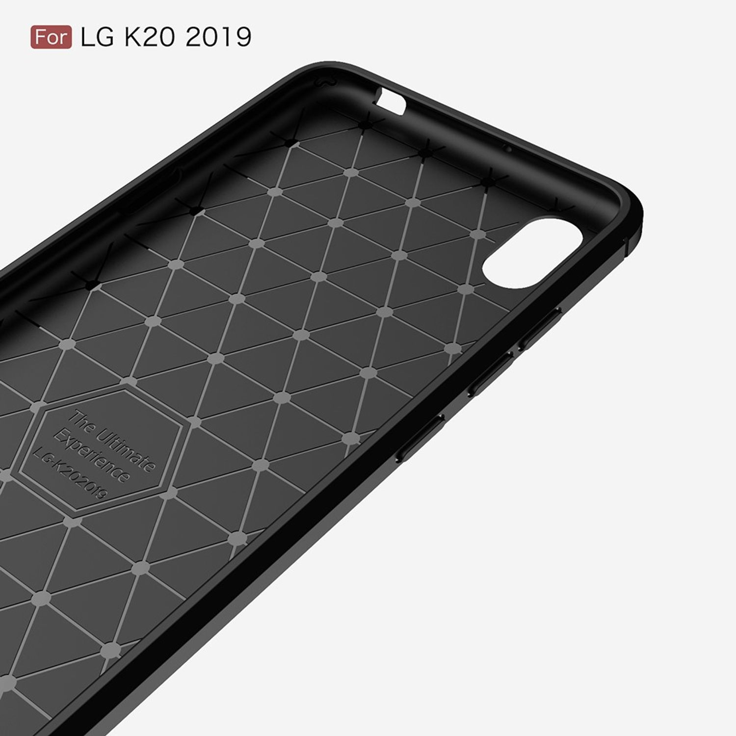 Eine schwarze Handyhülle mit geometrischem Design. Weißer Hintergrund.