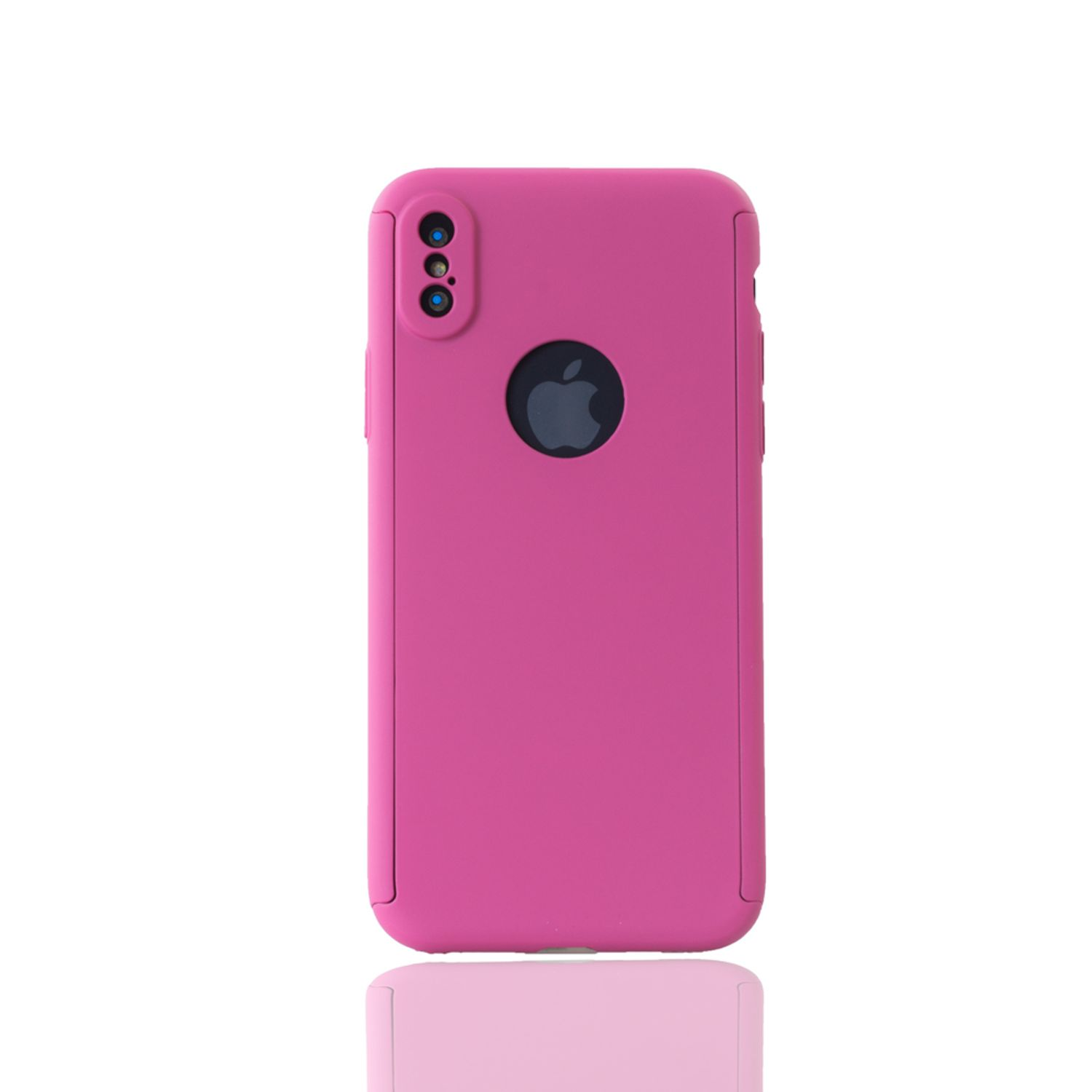 Rosa Handyhülle mit Apple-Logo auf der Rückseite, auf weißem Hintergrund.