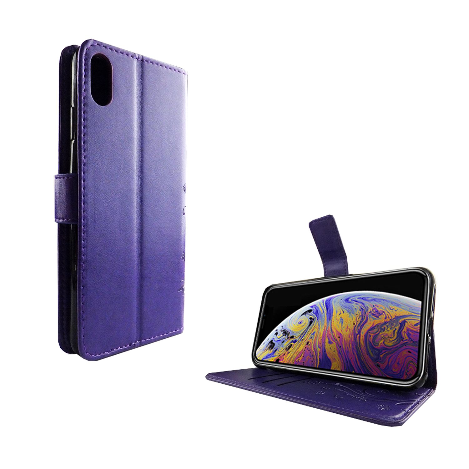 Eine lila Handyhülle mit einem Telefon darin, geöffnet und zur Präsentation.