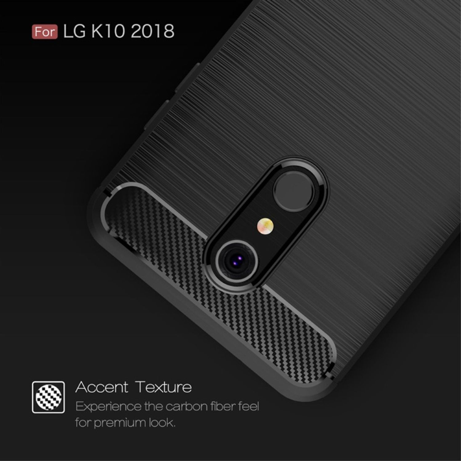 Schwarze Handyhülle. Strukturierte Rückseite mit Kamera. Schwarzer Untergrund. Für LG K10 2018.