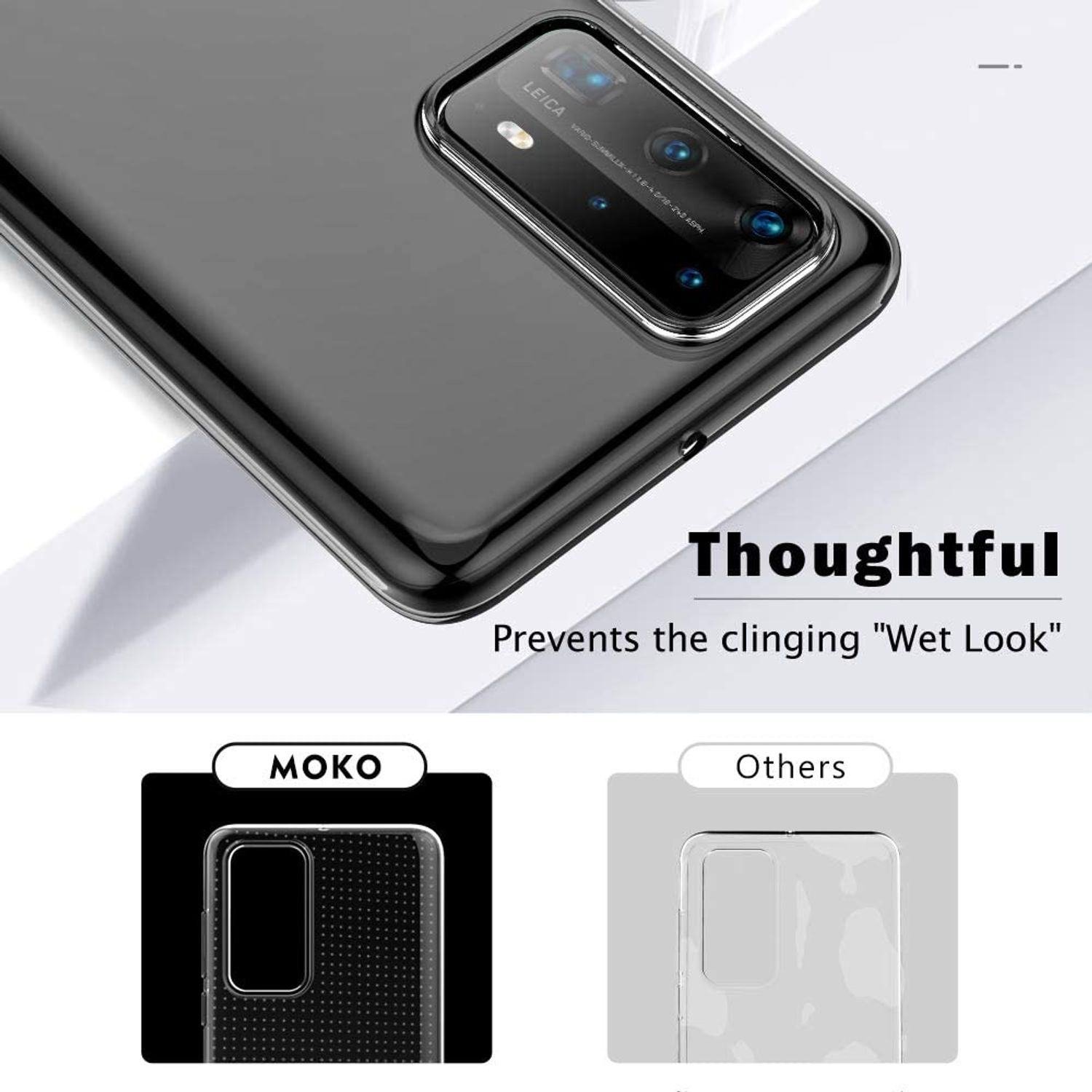 Transparente Handyhülle mit einem Telefon darin. Zwei Handyhüllen-Designs werden gezeigt, und Text.