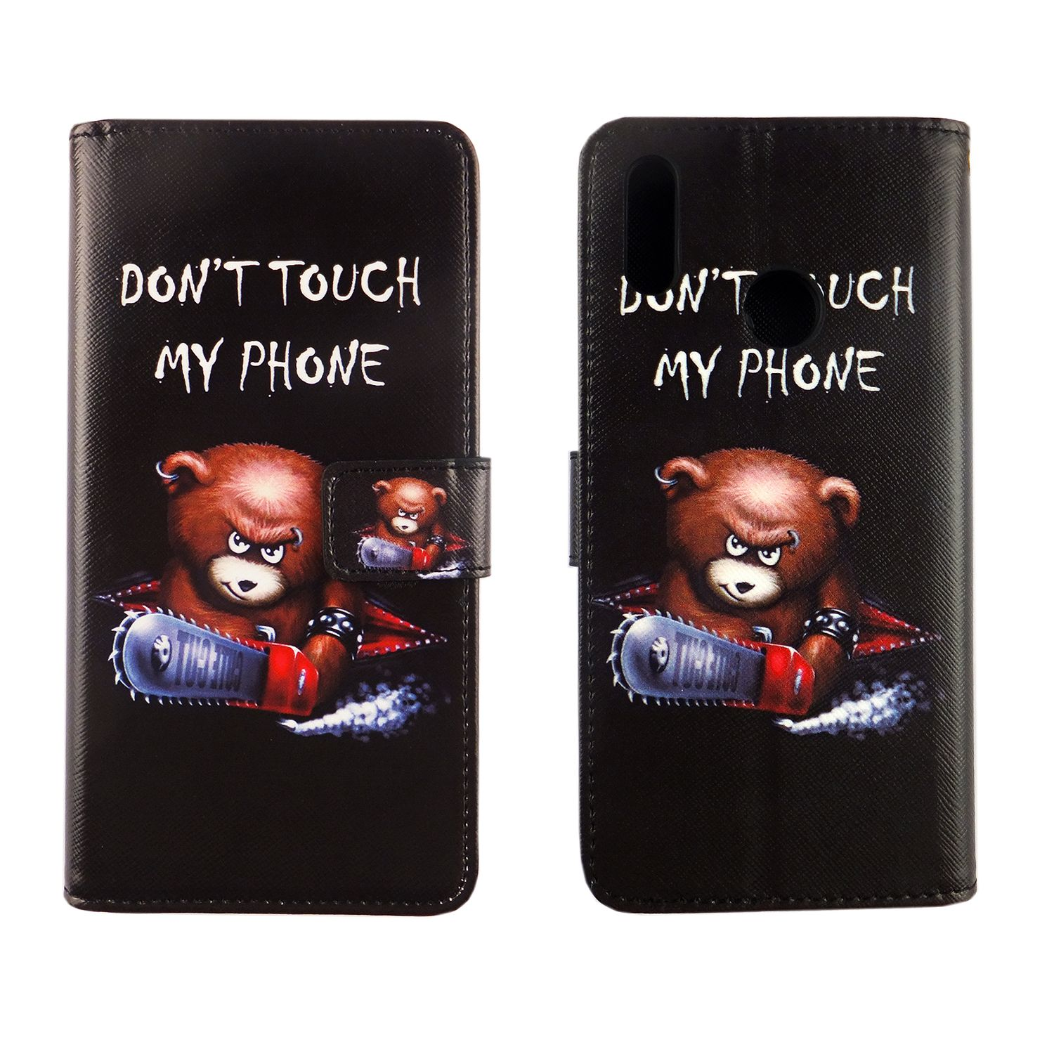 Schwarze Handyhülle mit Bär mit Kettensäge und 'Don't Touch My Phone'. Weißer Hintergrund.