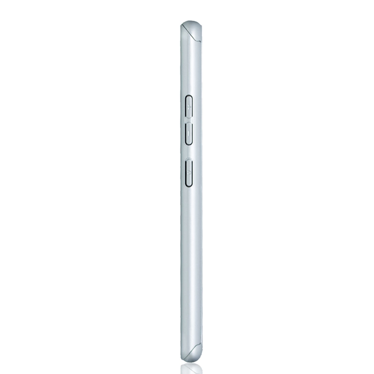 Silberne Telefon-Seitenansicht, Tasten sichtbar, weißer Hintergrund.