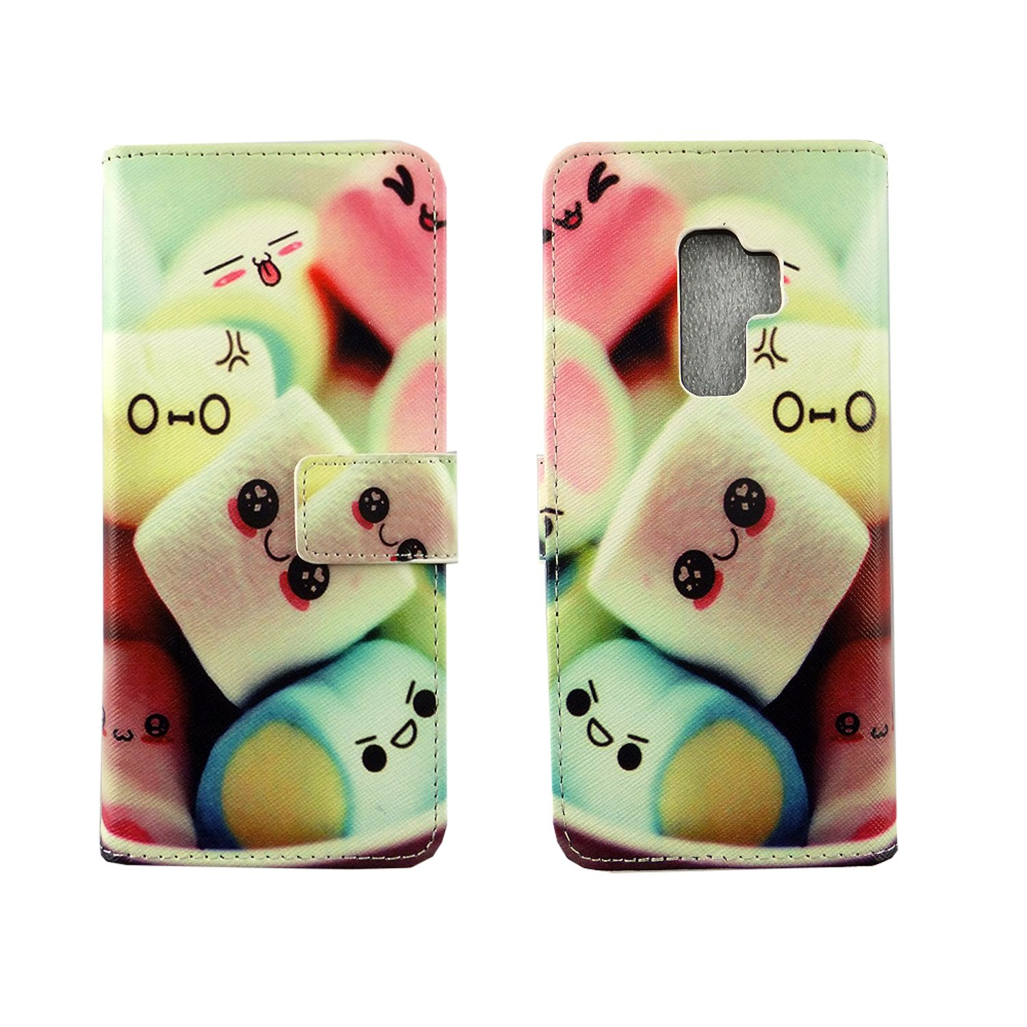 Bunte Handyhülle mit Marshmallow-Design, geschlossen, auf Weiß.