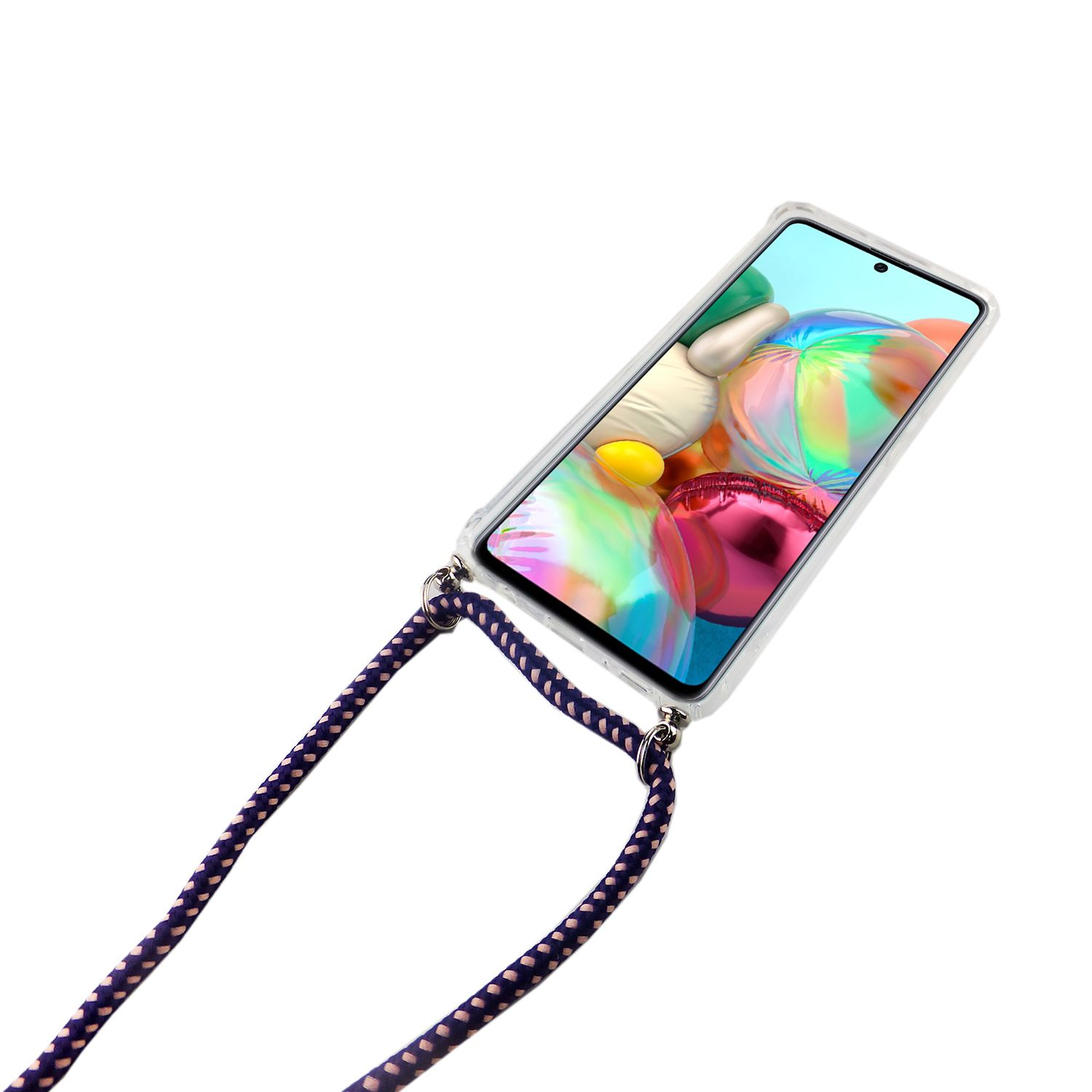 Telefon mit Riemen. Weiße Handyhülle. Lila Riemen. Weißer Hintergrund.