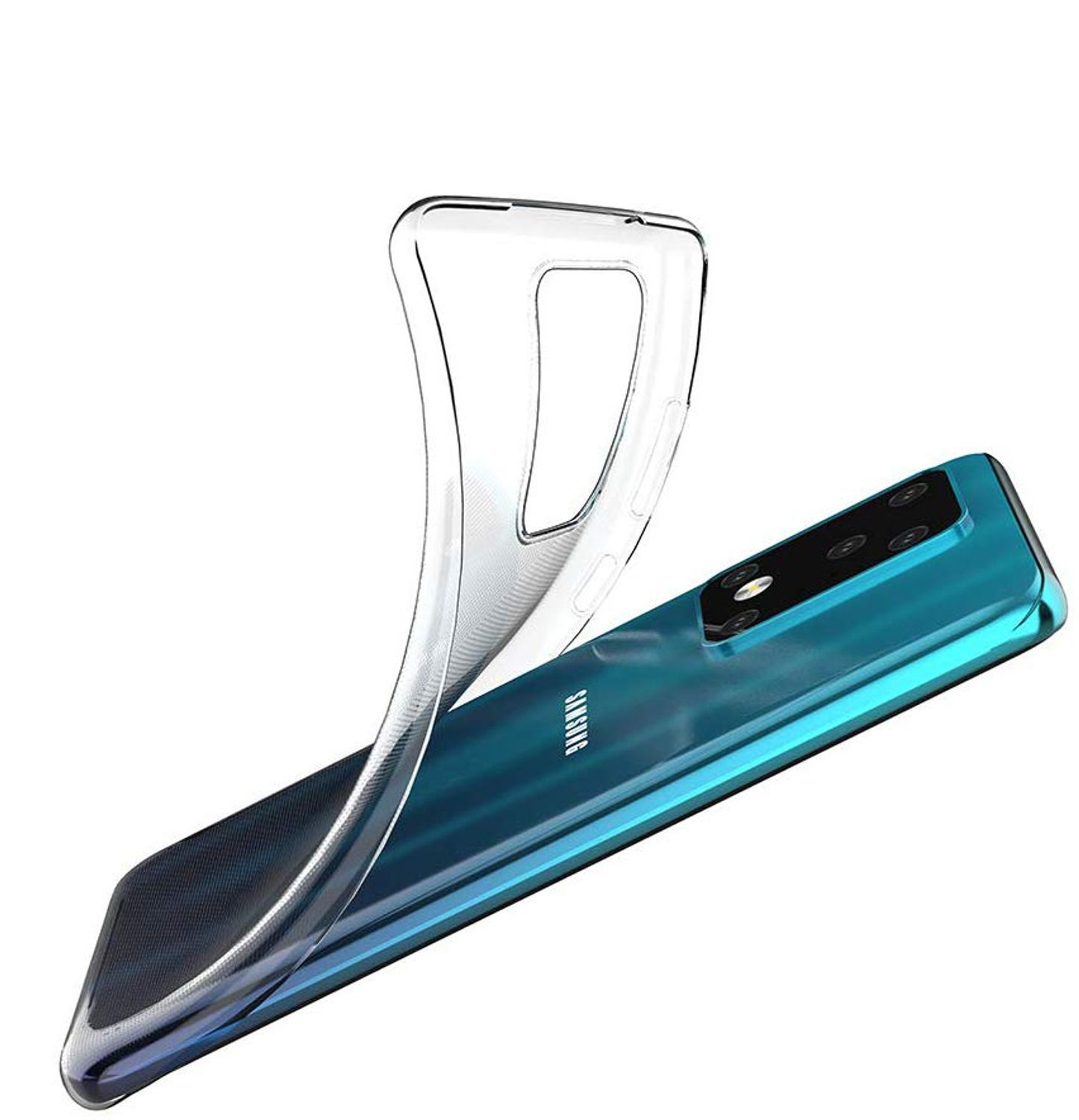 Klare Handyhülle über einem Telefon. Das Telefon ist blau und die Hülle ist klar.