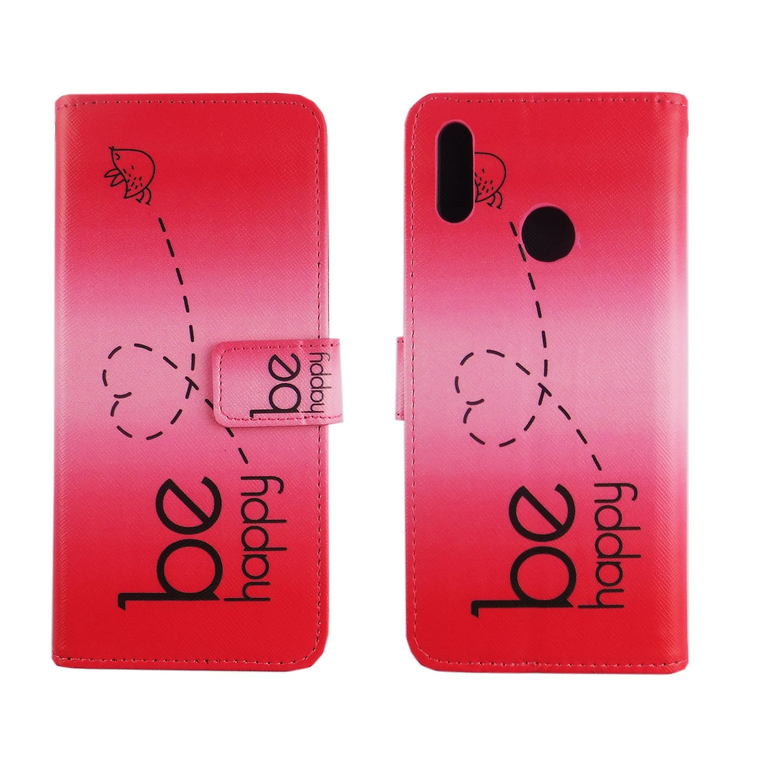 Rote und rosa Handyhülle mit dem Aufdruck 'be happy'. Im Inneren der Hülle befindet sich ein Telefon.