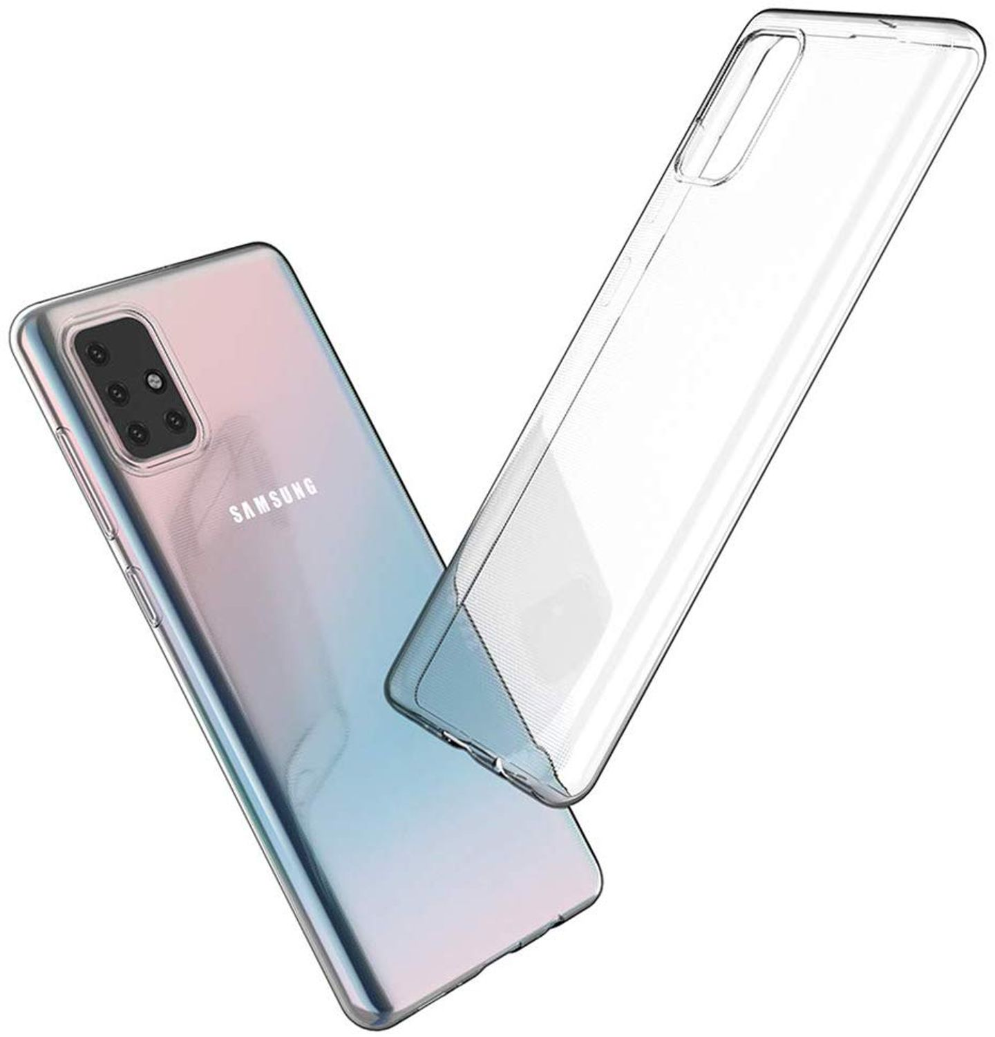 Ein Telefon und eine Hülle, beide transparent. Das Telefon hat eine rosa-blaue Farbverlauf Rückseite, die Hülle darüber.