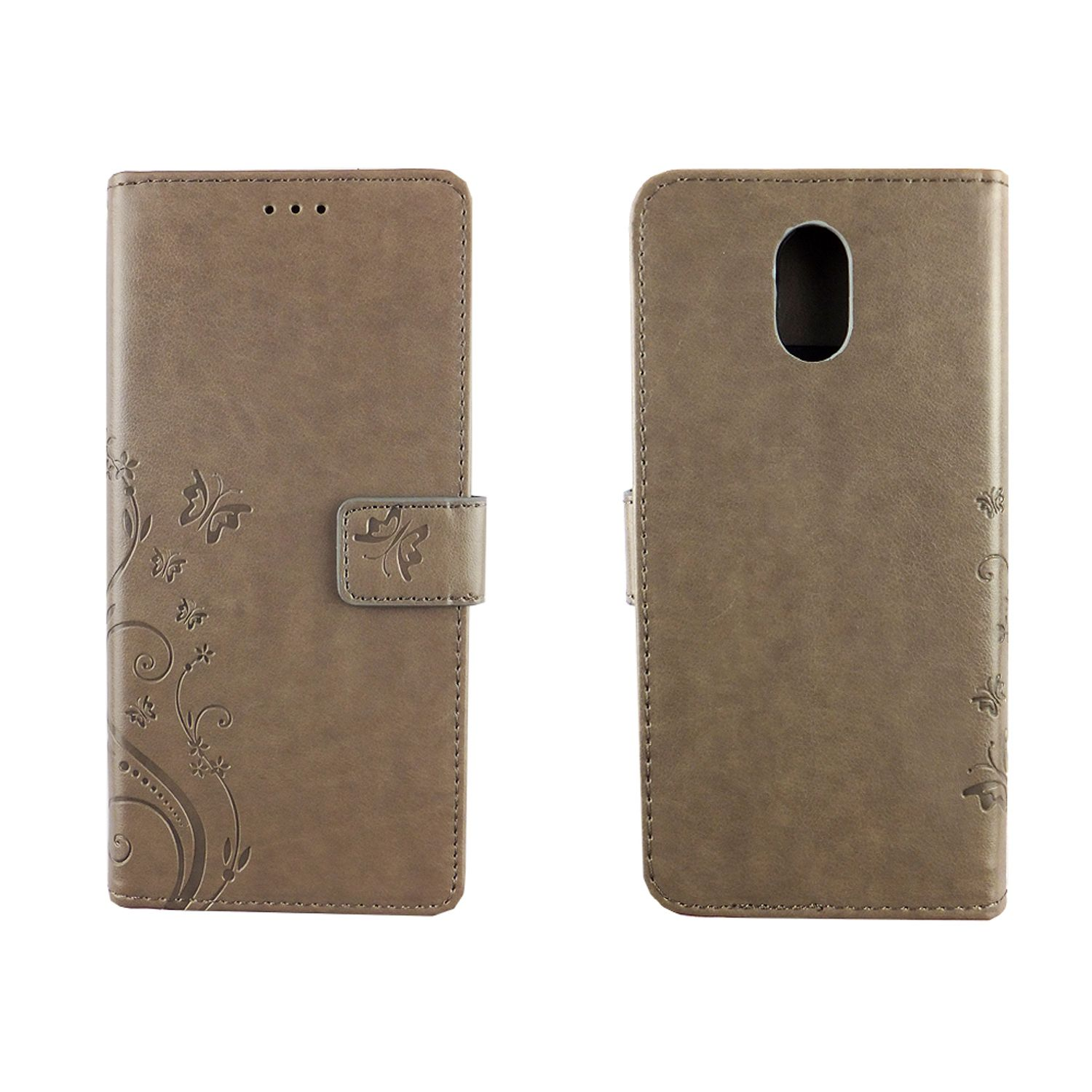 Taupefarbene Handyhülle, offen und geschlossen, mit floralem Design.