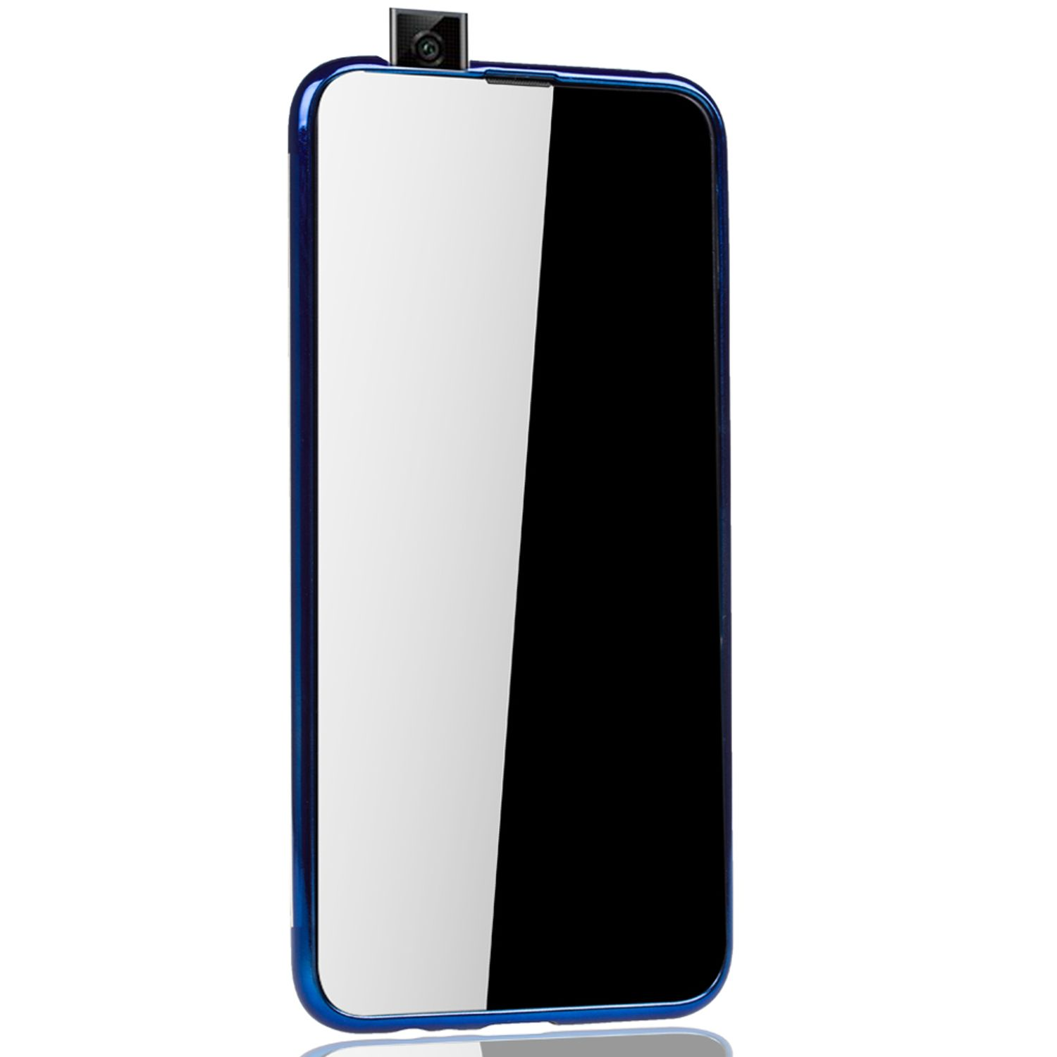 Blaues Smartphone mit Pop-up-Kamera und schwarzem Bildschirm.