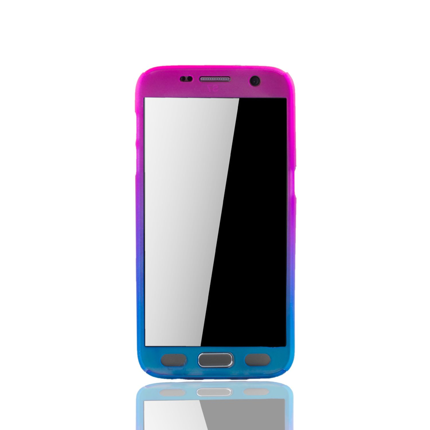 Ein Telefon in einer Hülle mit Farbverläufen aus Rosa, Blau und Lila. Es liegt auf einer weißen Oberfläche.