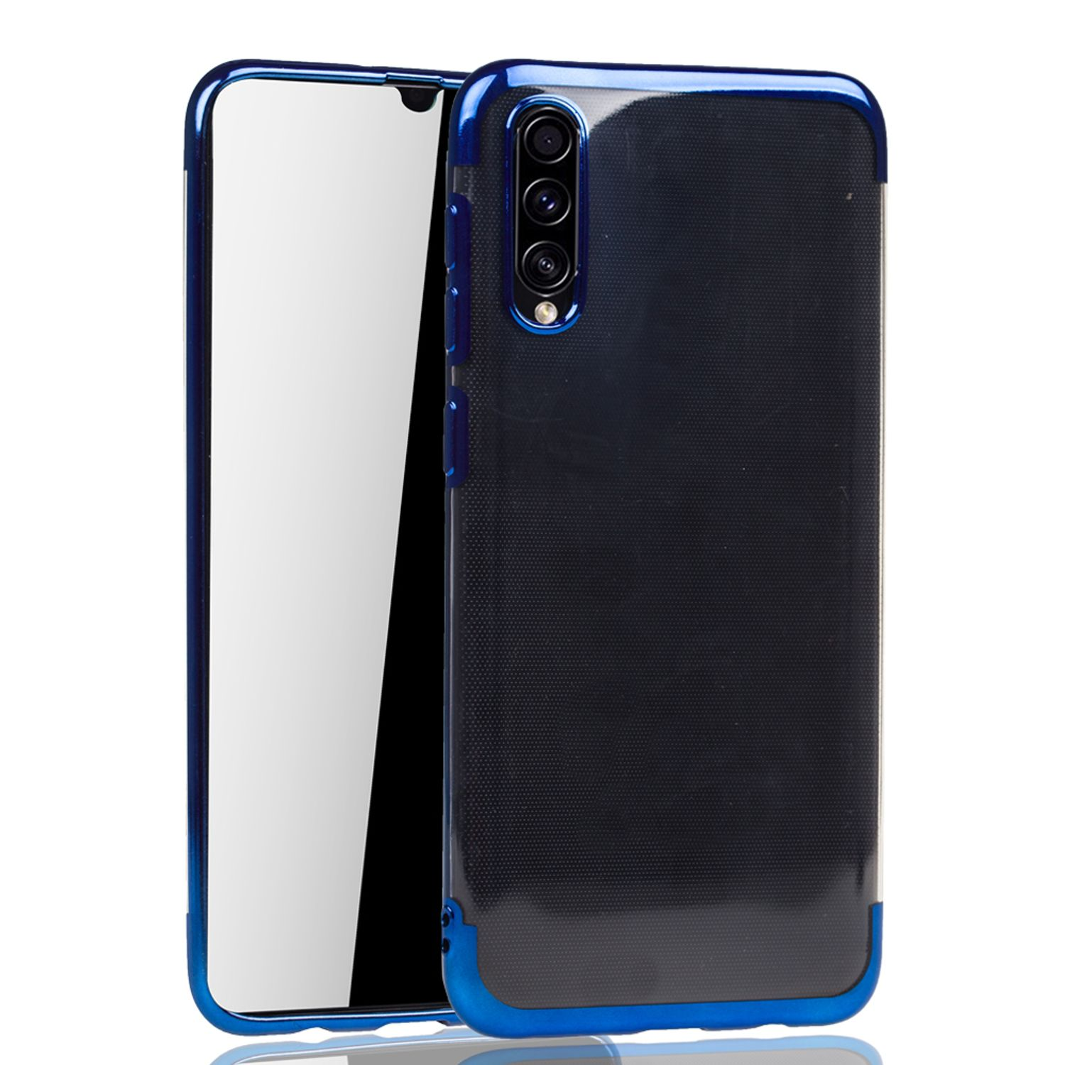 Blau-schwarze Handyhülle mit Telefon, das einen schwarzen Bildschirm zeigt.