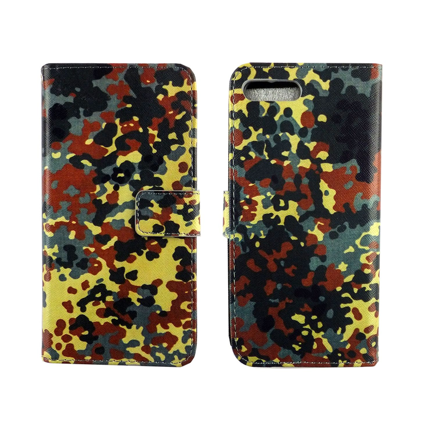 Camouflage-Handyhülle mit gelben, grünen und braunen Mustern. Die Hülle ist aufgeklappt.