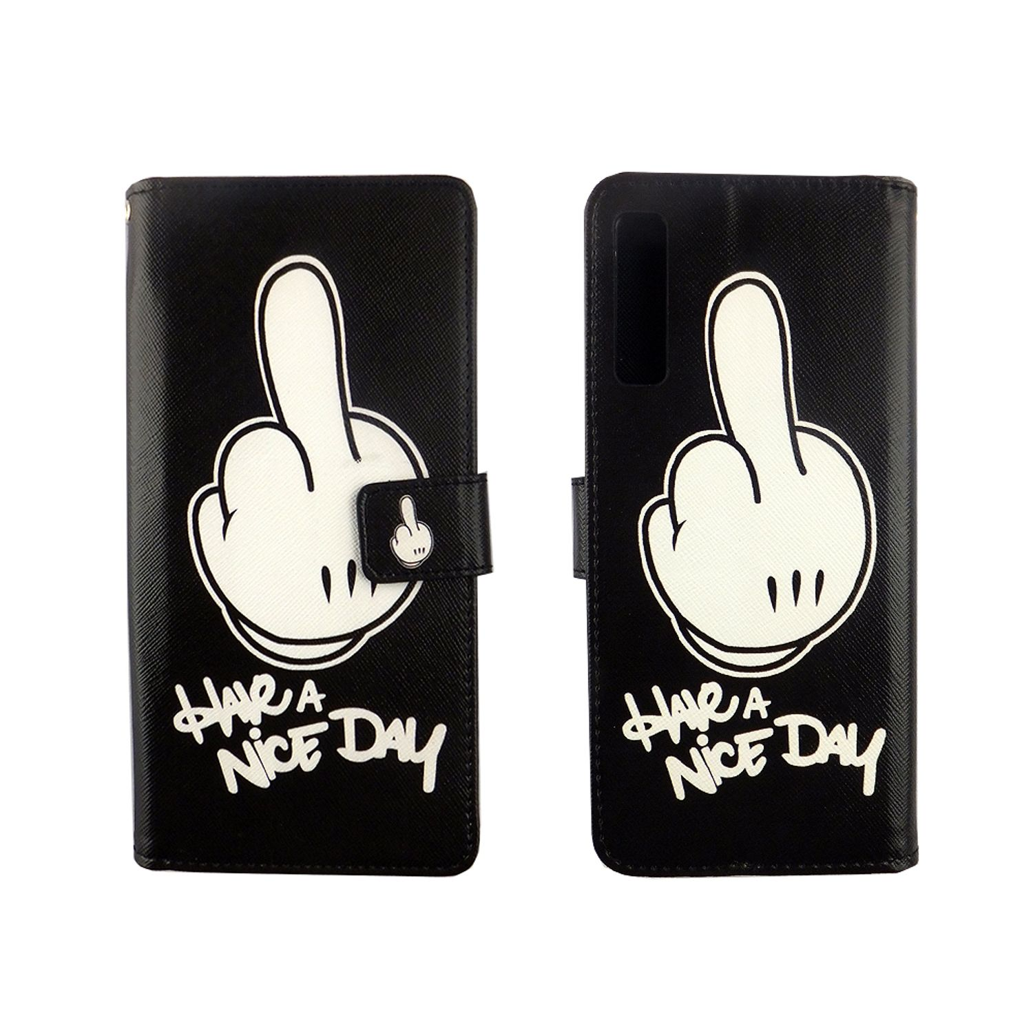 Schwarze Handyhülle mit weißer Hand, die den Mittelfinger zeigt. 'Have a nice day' geschrieben.