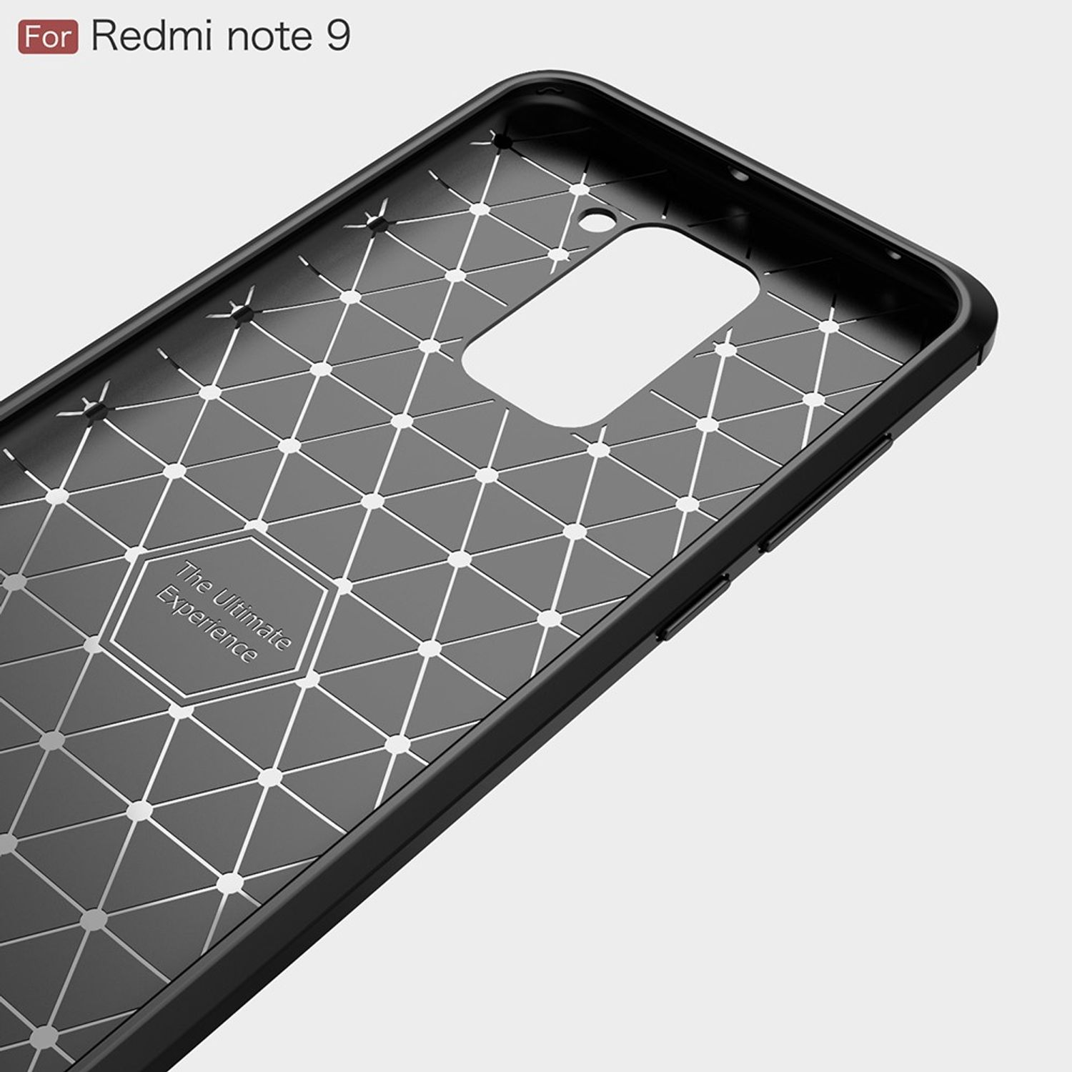 Schwarze Handyhülle mit geometrischem Muster. Der Hintergrund ist hellgrau, mit dem Text „The Ultimate Experience“.