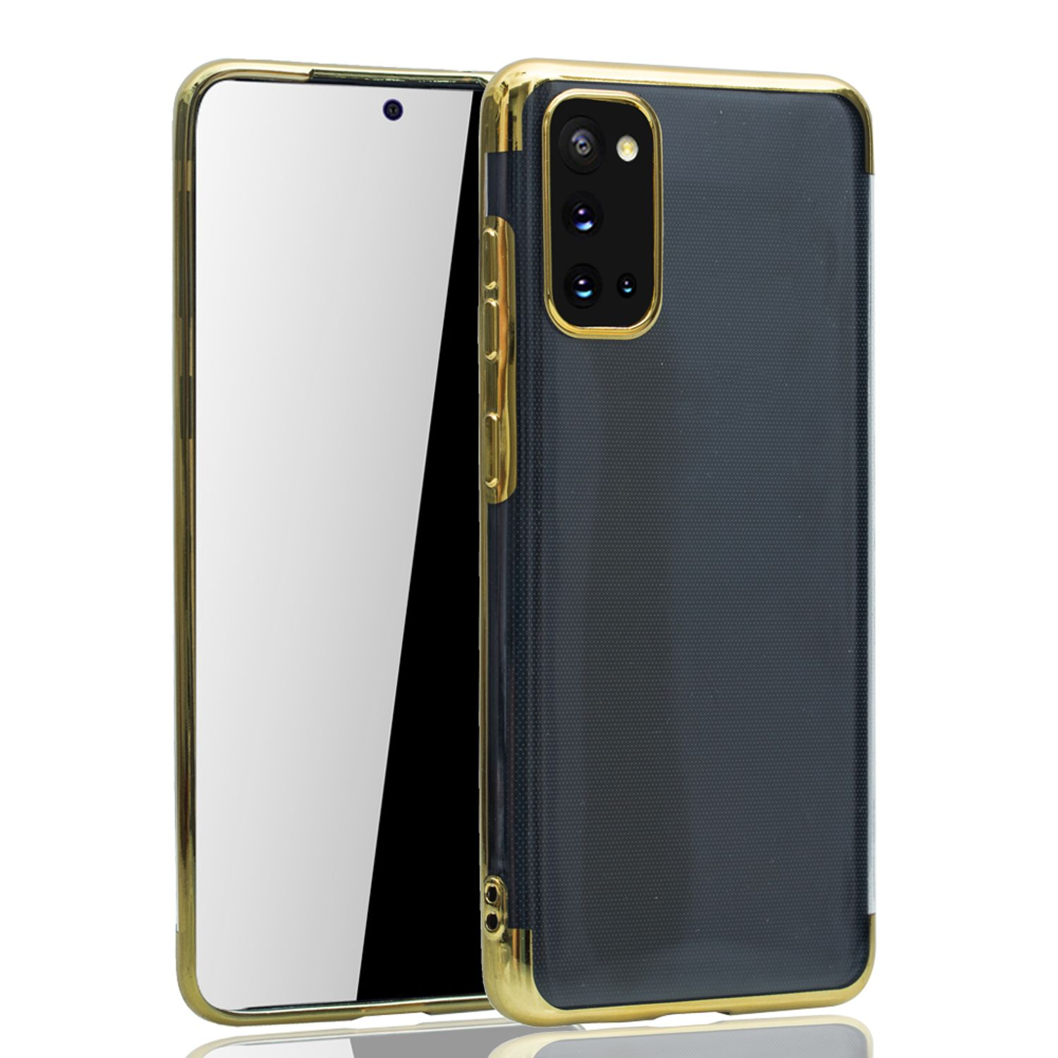Eine goldgerahmte Handyhülle mit Telefon und weißem Bildschirm.
