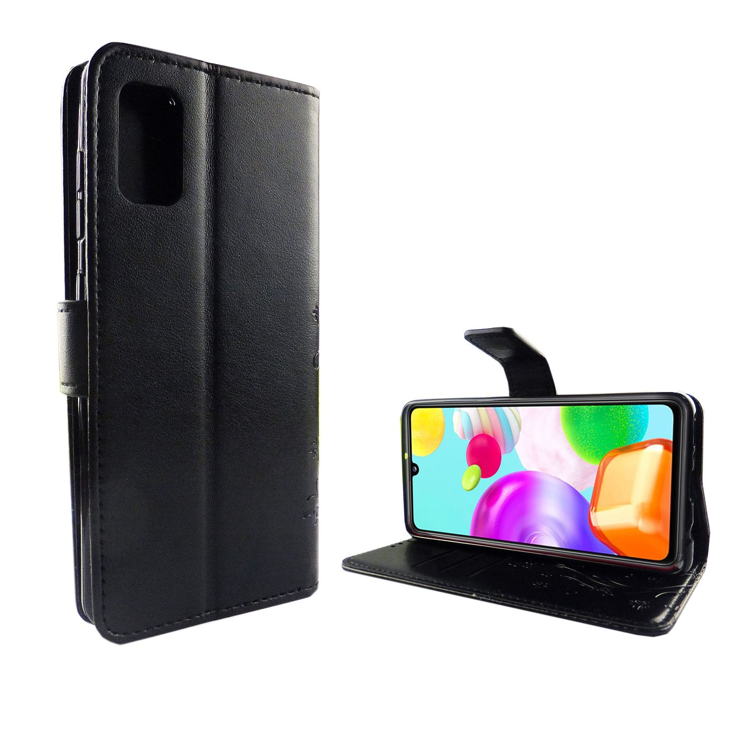 Schwarze Handyhülle, geöffnet und geschlossen. Das Telefon zeigt einen bunten Bildschirm. Weißer Hintergrund.