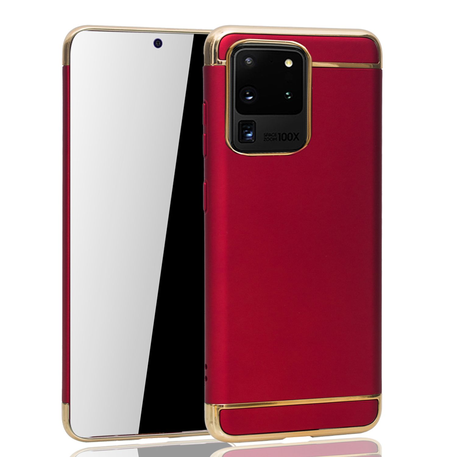 Rote Handyhülle mit goldenem Rahmen, die ein Telefon mit Bildschirm hält, auf weißem Hintergrund.