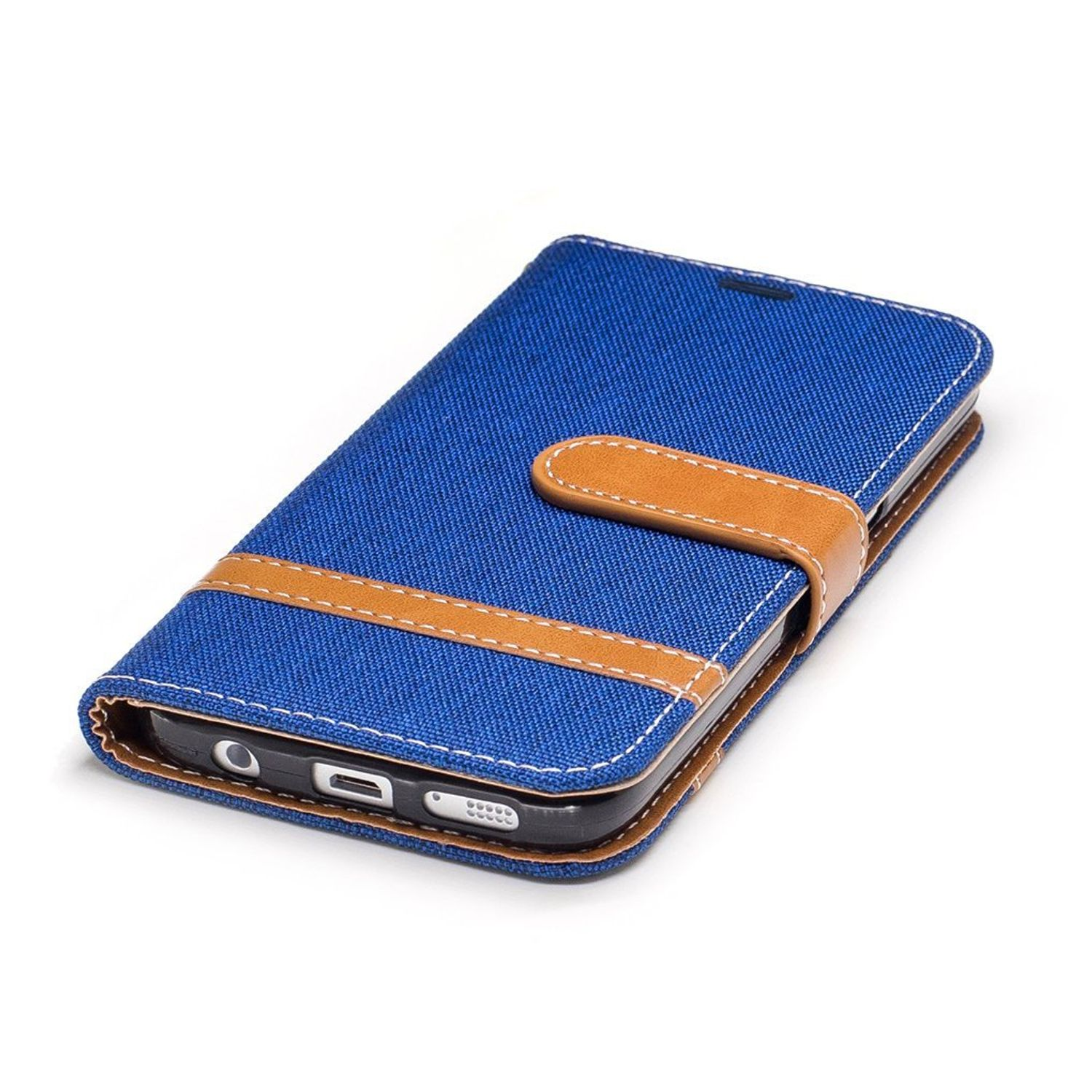 Blaue Handyhülle mit braunem Riemen. Die Hülle ist geschlossen und zeigt den Telefonumriss.
