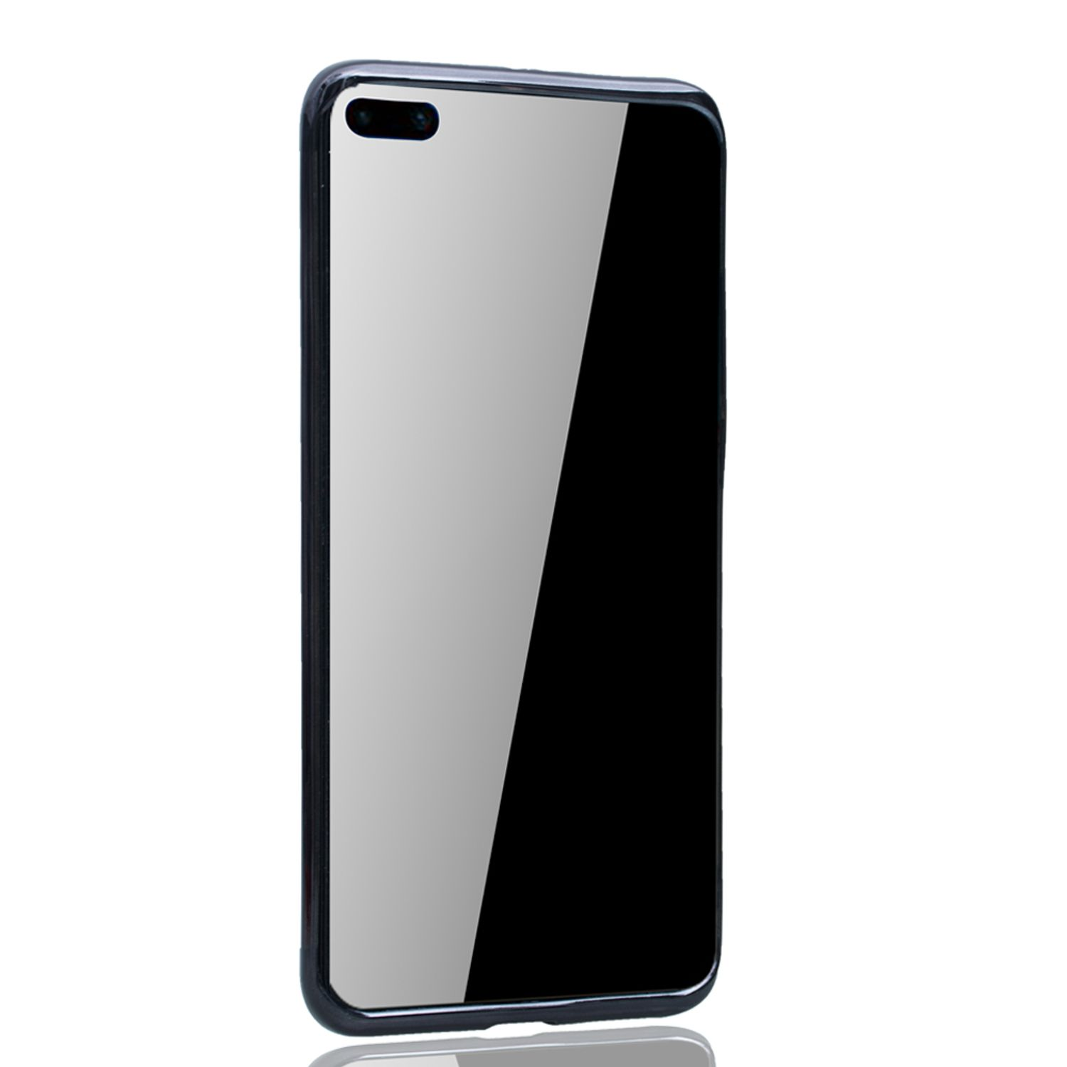 Schwarzes Telefon mit dunkler Hülle. Die Hülle bedeckt Rückseite und Seiten.