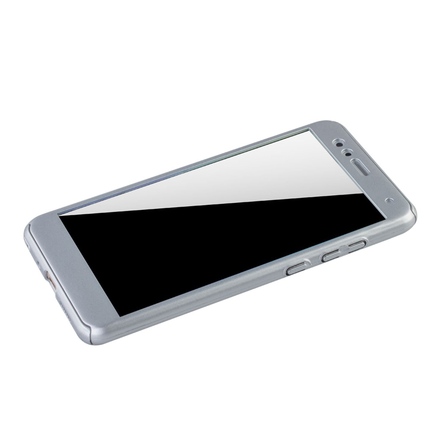 Silbernes Telefon mit schwarzem Bildschirm. Knöpfe an der Seite. Weißer Hintergrund.