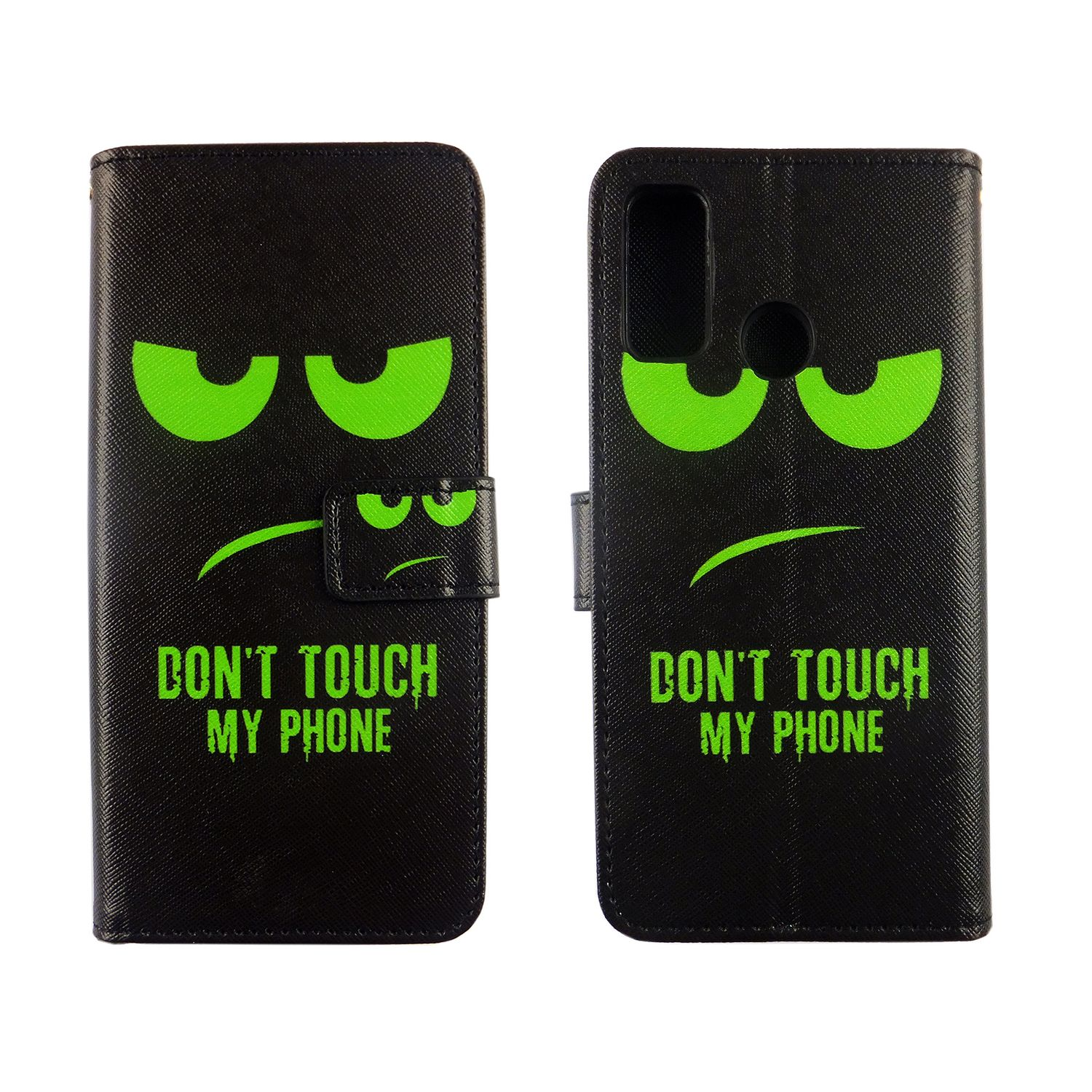 Schwarze Handyhülle mit wütenden grünen Augen und dem Text „DON'T TOUCH MY PHONE“ auf weißem Hintergrund.