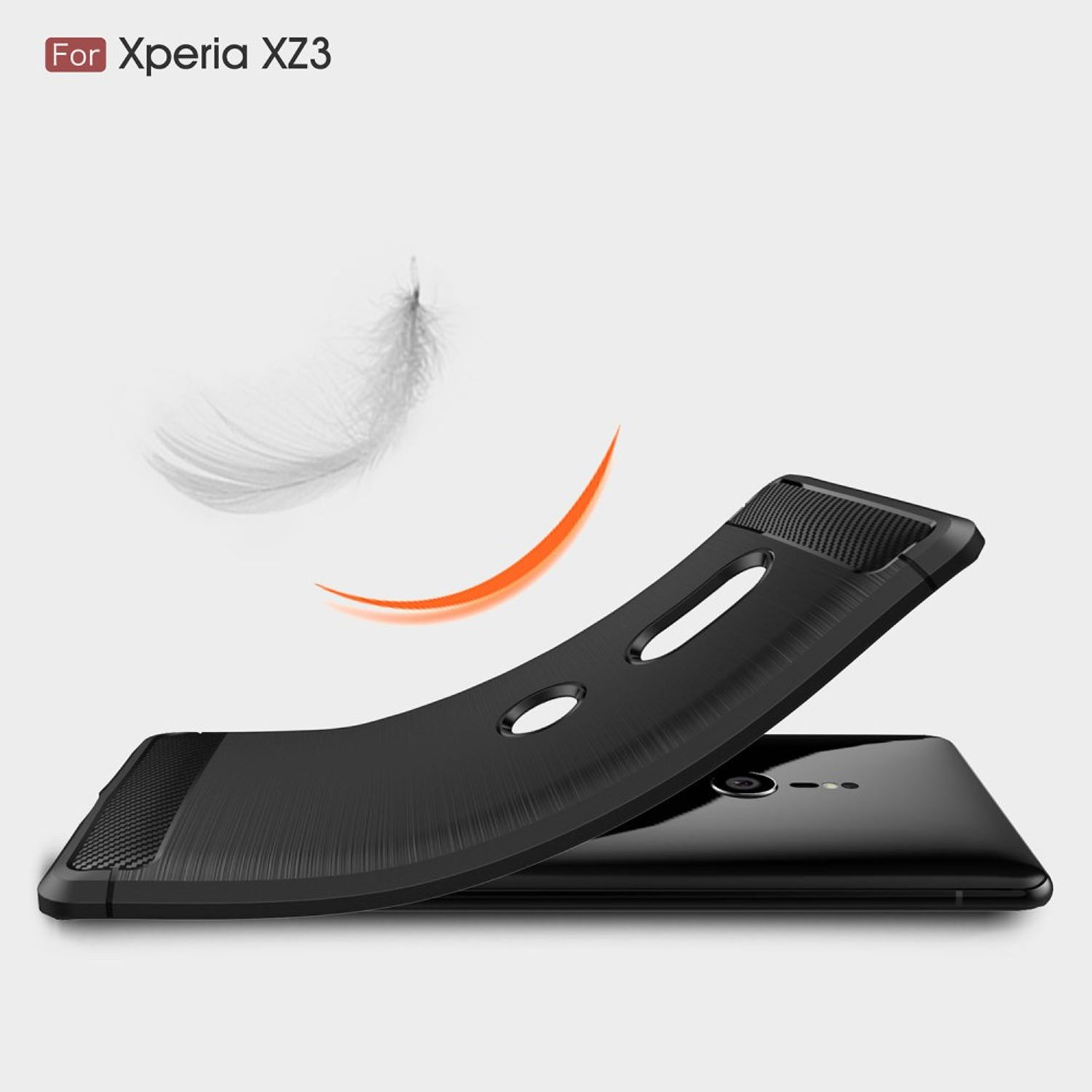 Biegende schwarze Handyhülle, mit Text 'For Xperia XZ3'. Schwarzes Telefon, weißer Hintergrund.