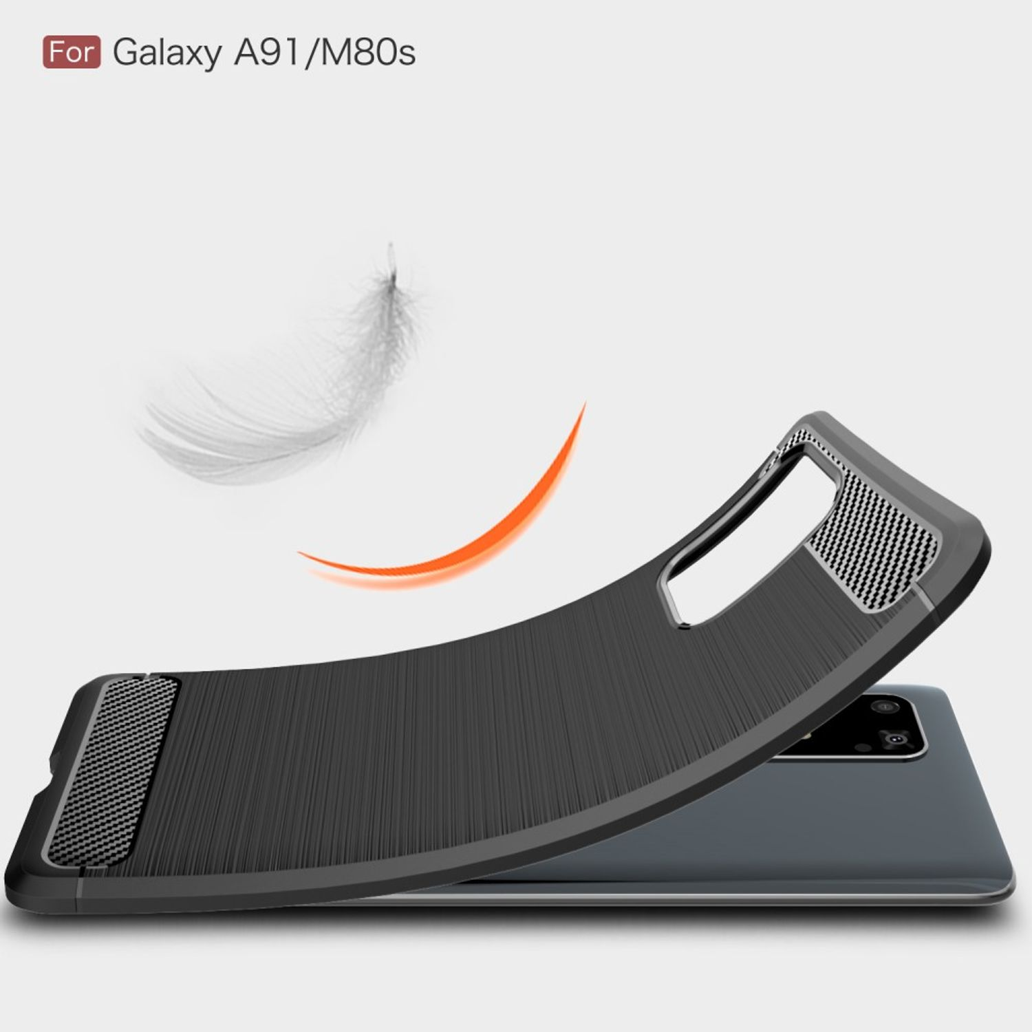 Schwarze Handyhülle wird zurückgeklappt, wodurch ein Telefon sichtbar wird. Orange und weiße Feder.