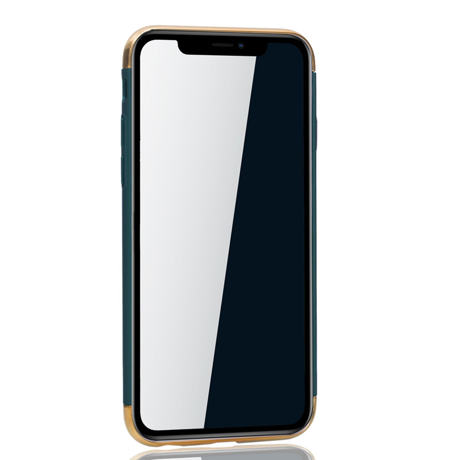 Smartphone mit dunklem Bildschirm, in einer dunkelgrünen und goldenen Hülle. Das Telefon ist isoliert.
