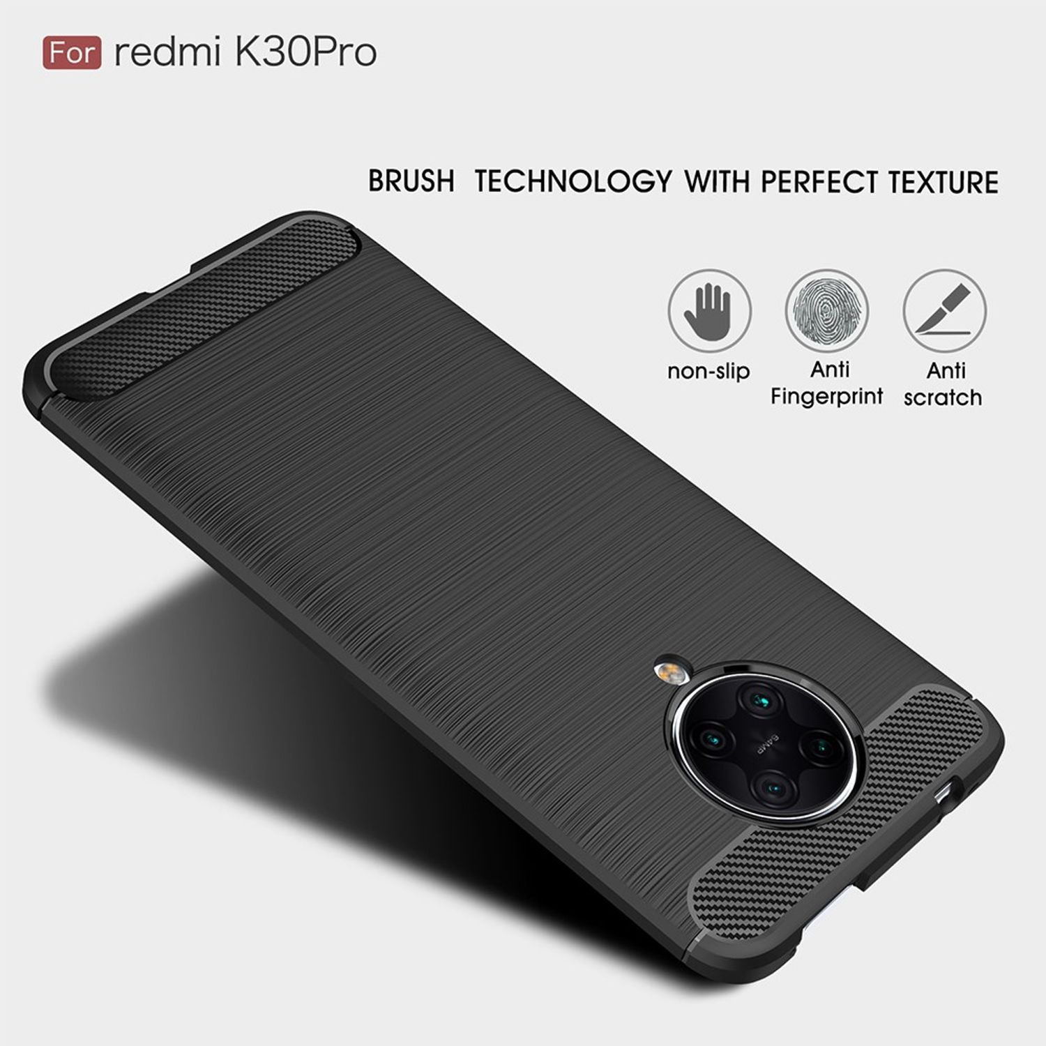 Schwarze Handyhülle. Steht 'Für redmi K30Pro' und hat Brush-Technologie und Funktionen.