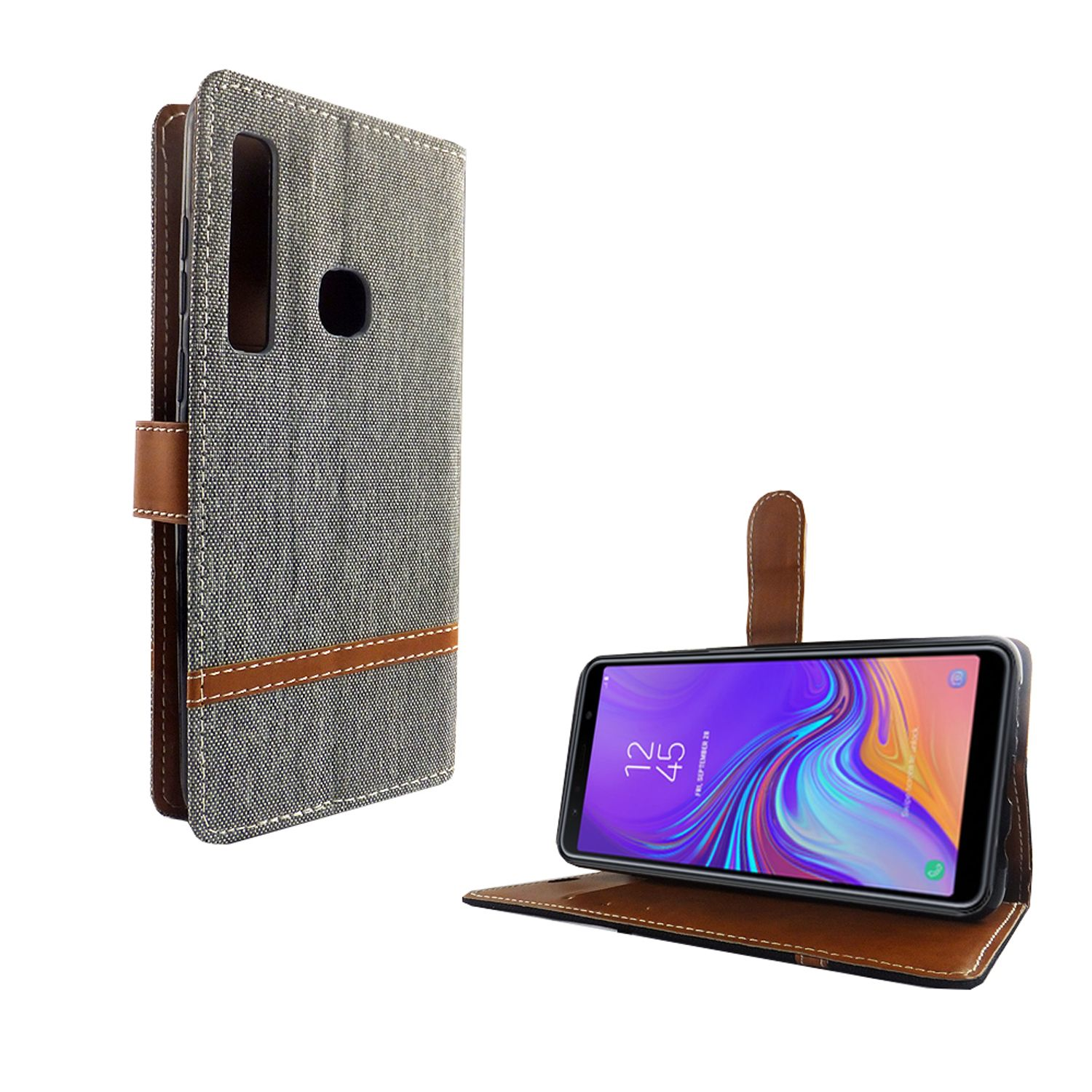 Telefon in geöffnetem Etui, Bildschirm sichtbar. Braunes Leder und grauer Stoff.